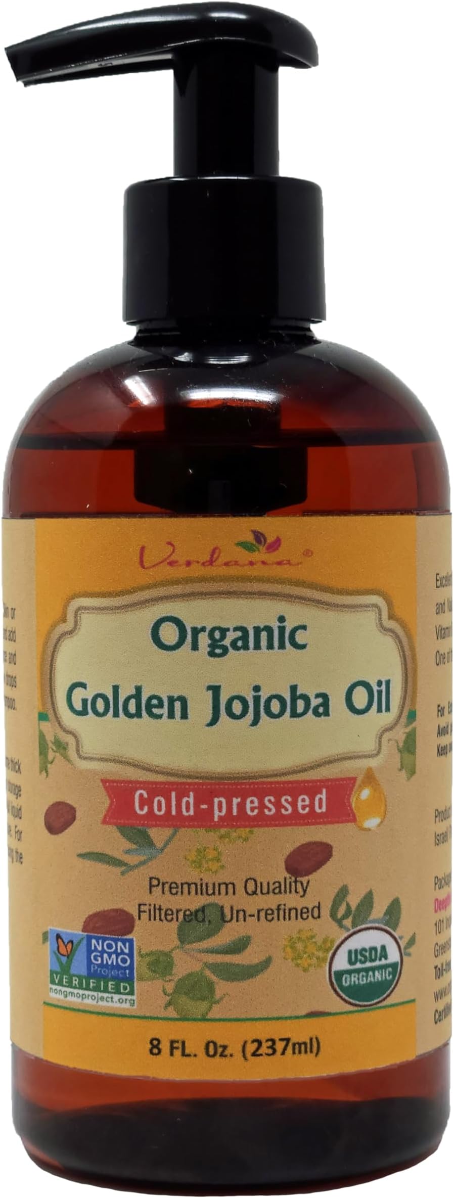 Verdana Organic Golden Jojoba Oil – 8 fl oz with Pump - USDA, Non-GMO - Cold Pressed, Unrefined, Hexane Free - Bulk, Moisturizing Oil for Skin, Body, Face, Hair, Scalp, Nails and Cuticles