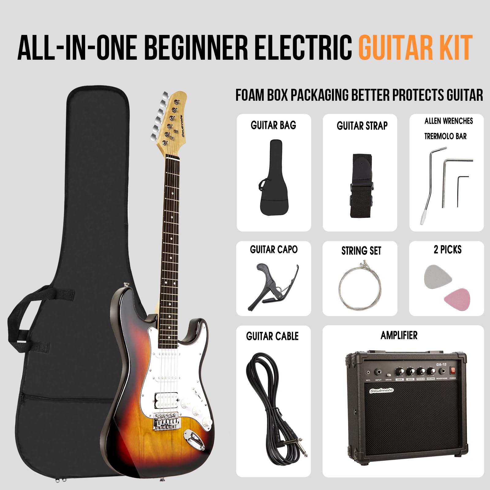 Soulmate E-Gitarren-Set für Anfänger, 99,1 cm, HSS-Tonabnehmer, solider Körper, volle Größe, E-Gitarre für Starter mit Verstärker, Tasche, Kapodaster, Gurt, Saite, Kabel, Plektren (Sunburst)