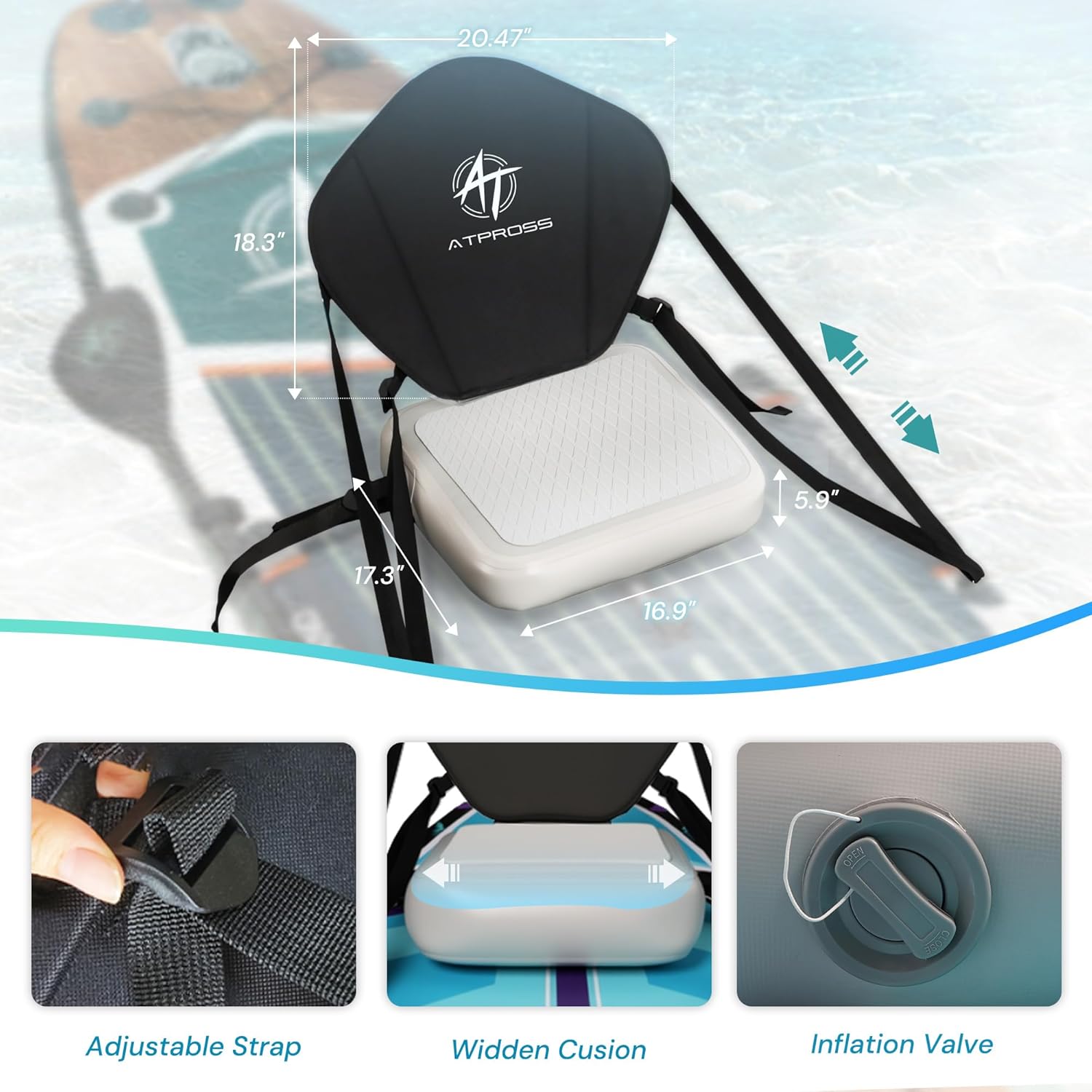 Inflatable Kayak Seat with Padded Backrest | 4 Adjustable Straps | Sit-On-Top Cushion for Kayaking, Canoeing & Fishing | Quick Inflation Design