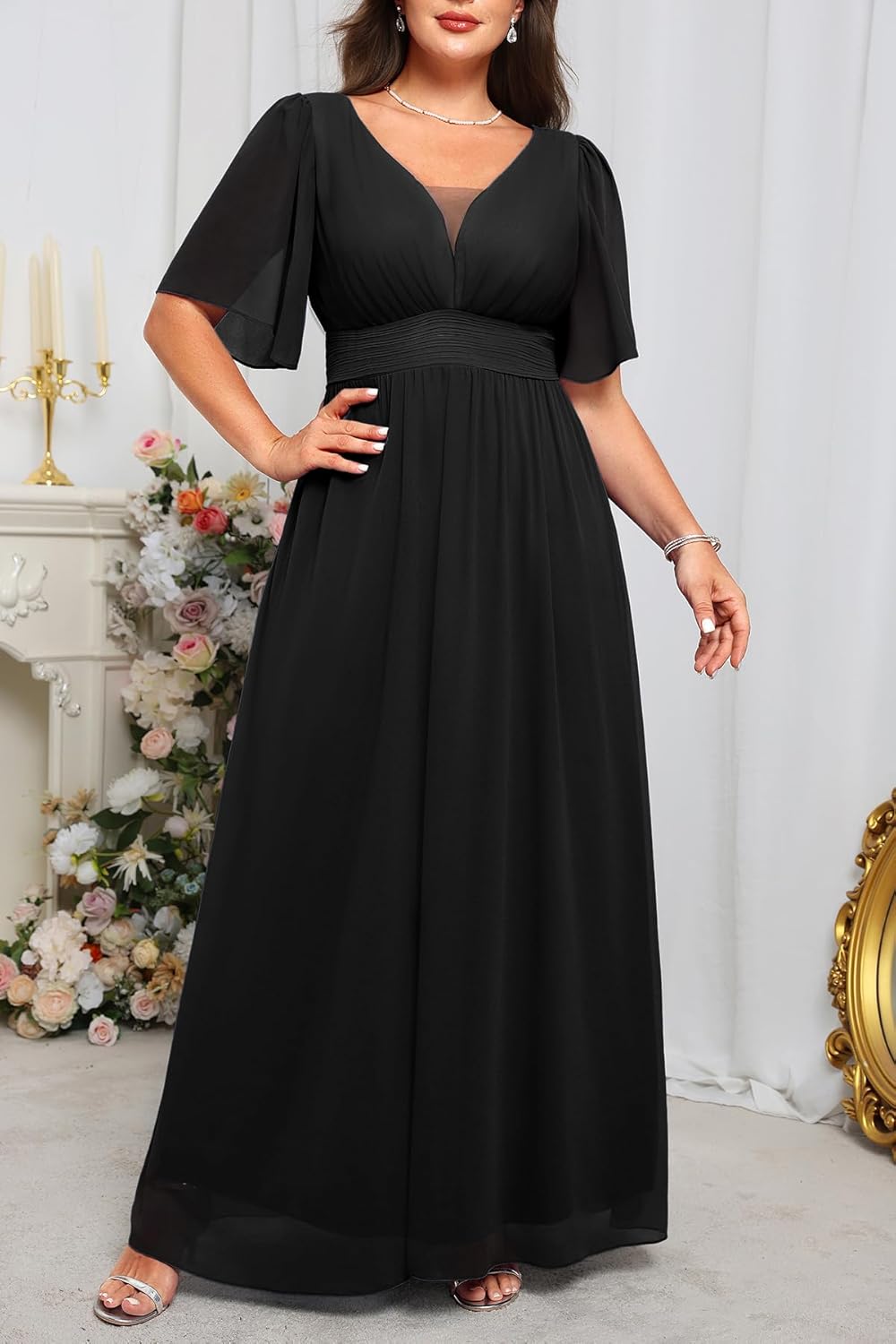 Plus Size Formal Dresses - V Neck Flutter Sleeves Evening Gowns Bridesmaid Wedding Guest Chiffon Long Maxi Dress - Image 2
