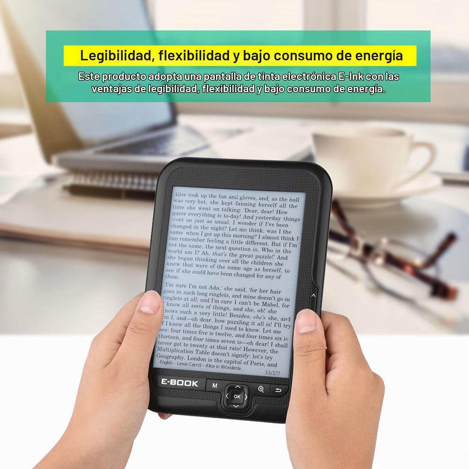 Lector de Libros de 6 Pulgadas Erer Electronic Ink Ereader Black Tink E-Tink con 29 Idiomas y Cubierta Azul para Reloj y Calendario (8g)