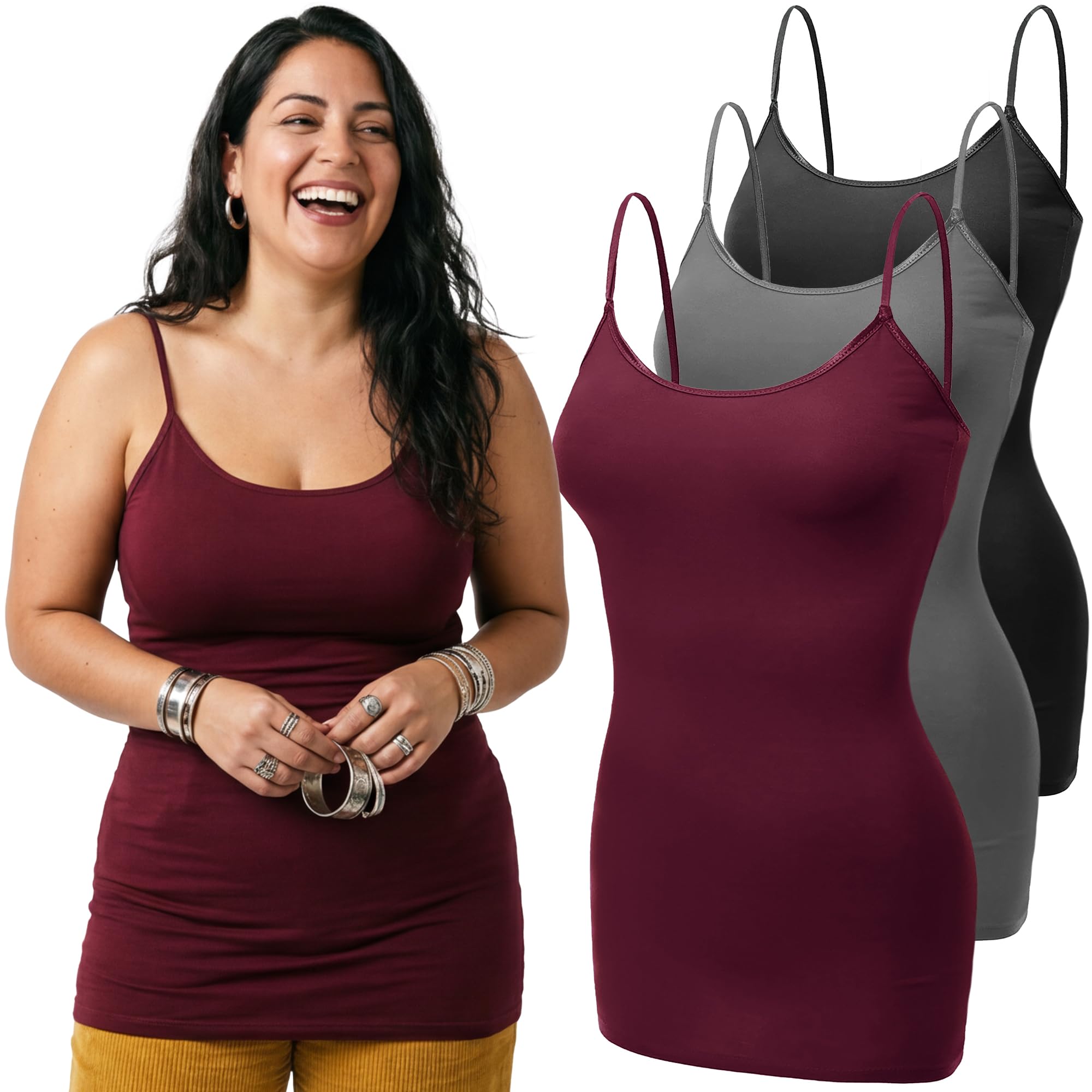 Emmalise Women's Basic Casual Long Camisole Adjustable Strap Cami Layering Top