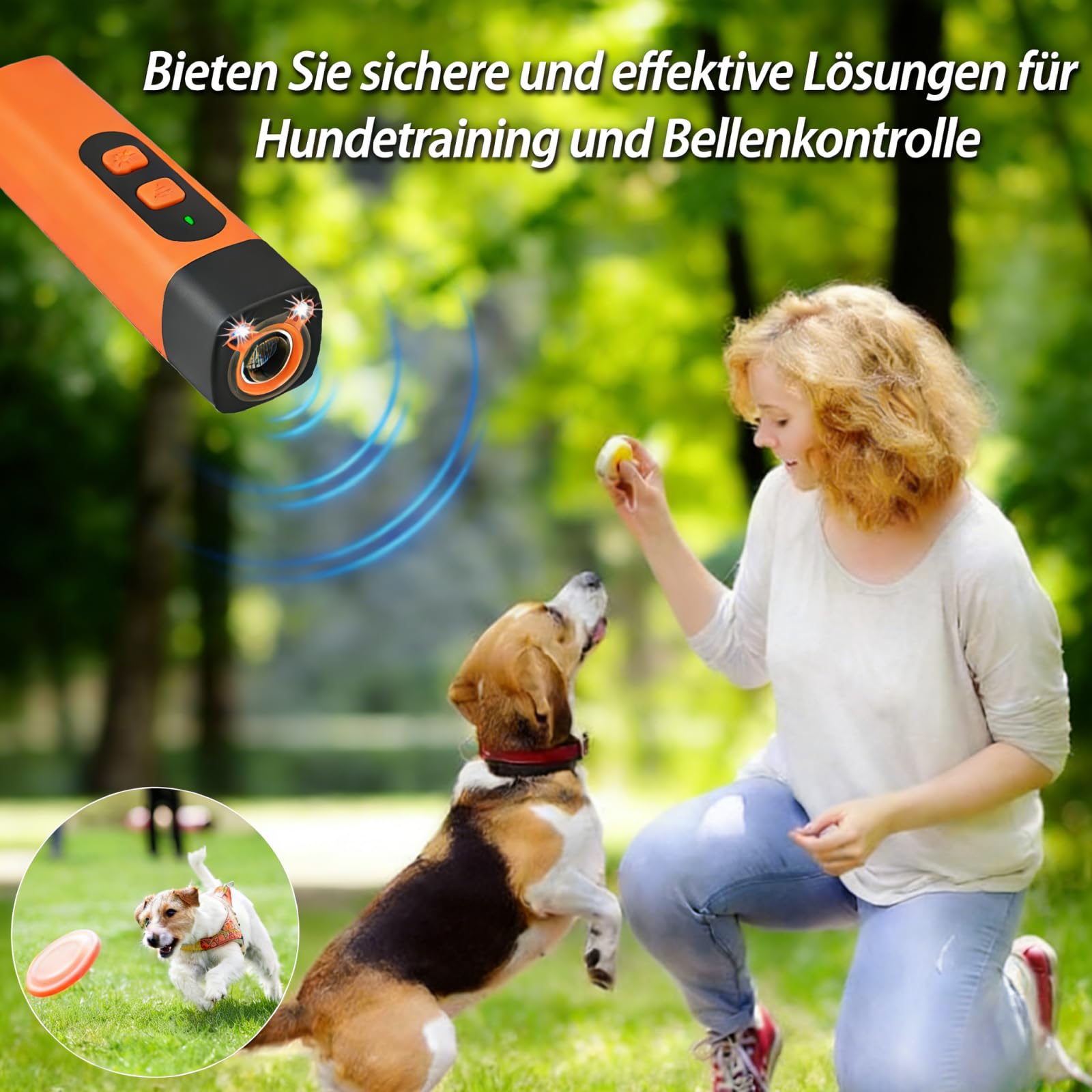 Dr Zampe RuheMeister Pro Antibell dispositivo ultrasonico con 3 livelli di frequenza, ricaricabile e torcia a LED, per cani piccoli e grandi, uso interno ed esterno (arancione)