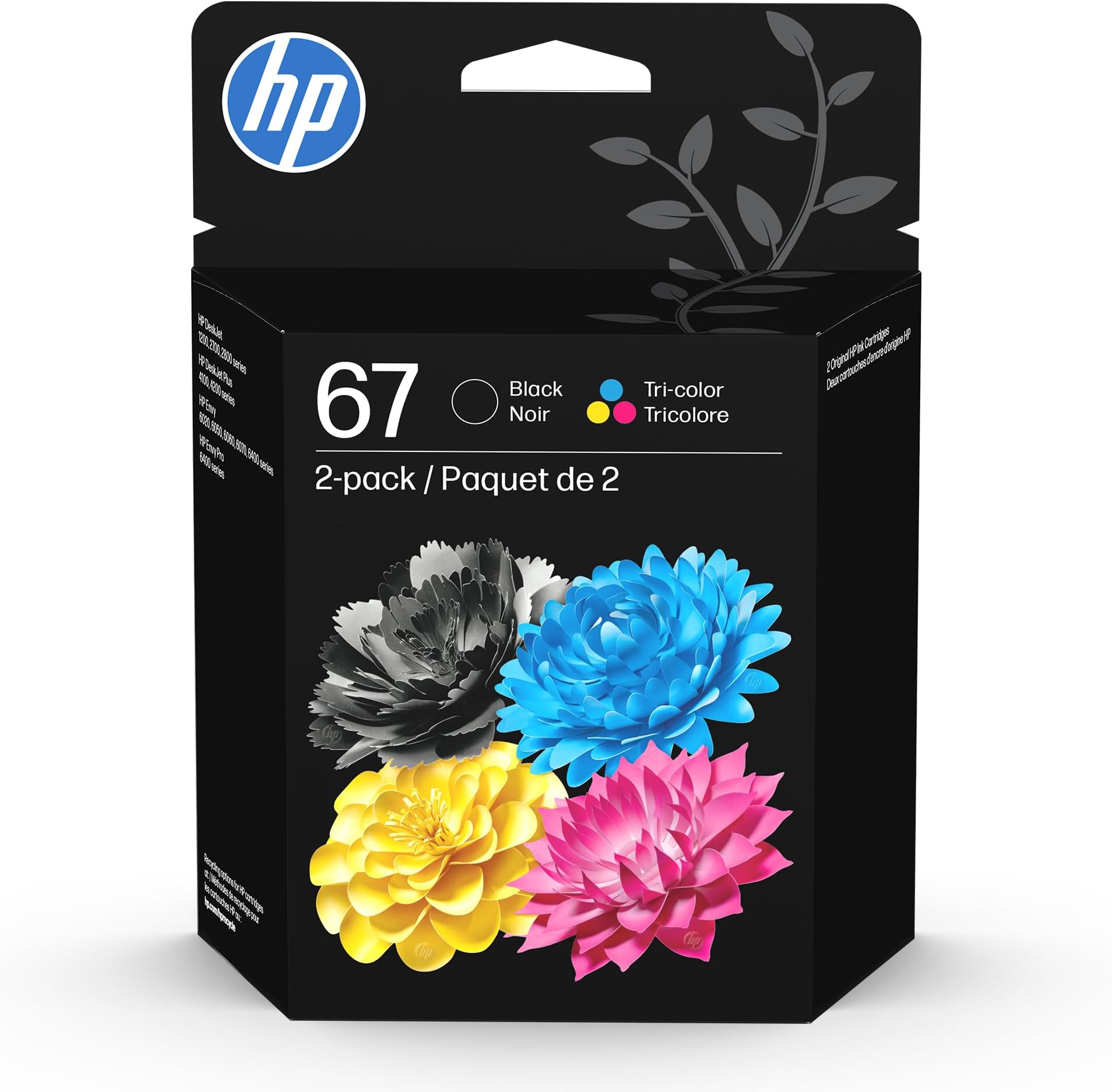 67 Black/Tri-color Ink Cartridges (2 Pack) | Works with HP DeskJet 1255, 2700, 4100 Series, HP ENVY 6000, 6400 Series | Eligible for Instant Ink | 3YP29AN