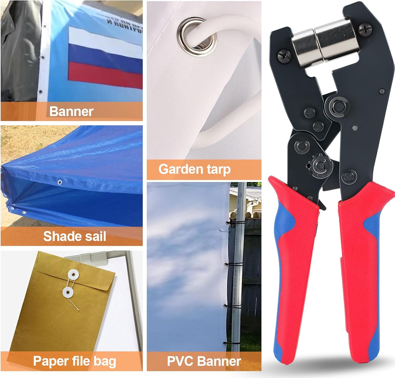 Collage of various items with grommets installed, including a banner, garden tarp, shade sail, paper file bag, and PVC banner.