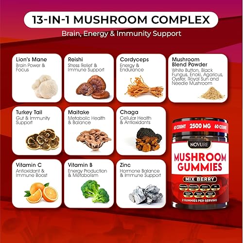 Miniatura 3 de Gomitas de hongos de 2500 mg, mezcla 10 en 1 con melena de león, cordyceps, cola de pavo, reishi, shiitake, chaga, maitake, zinc, vitamina C y B,