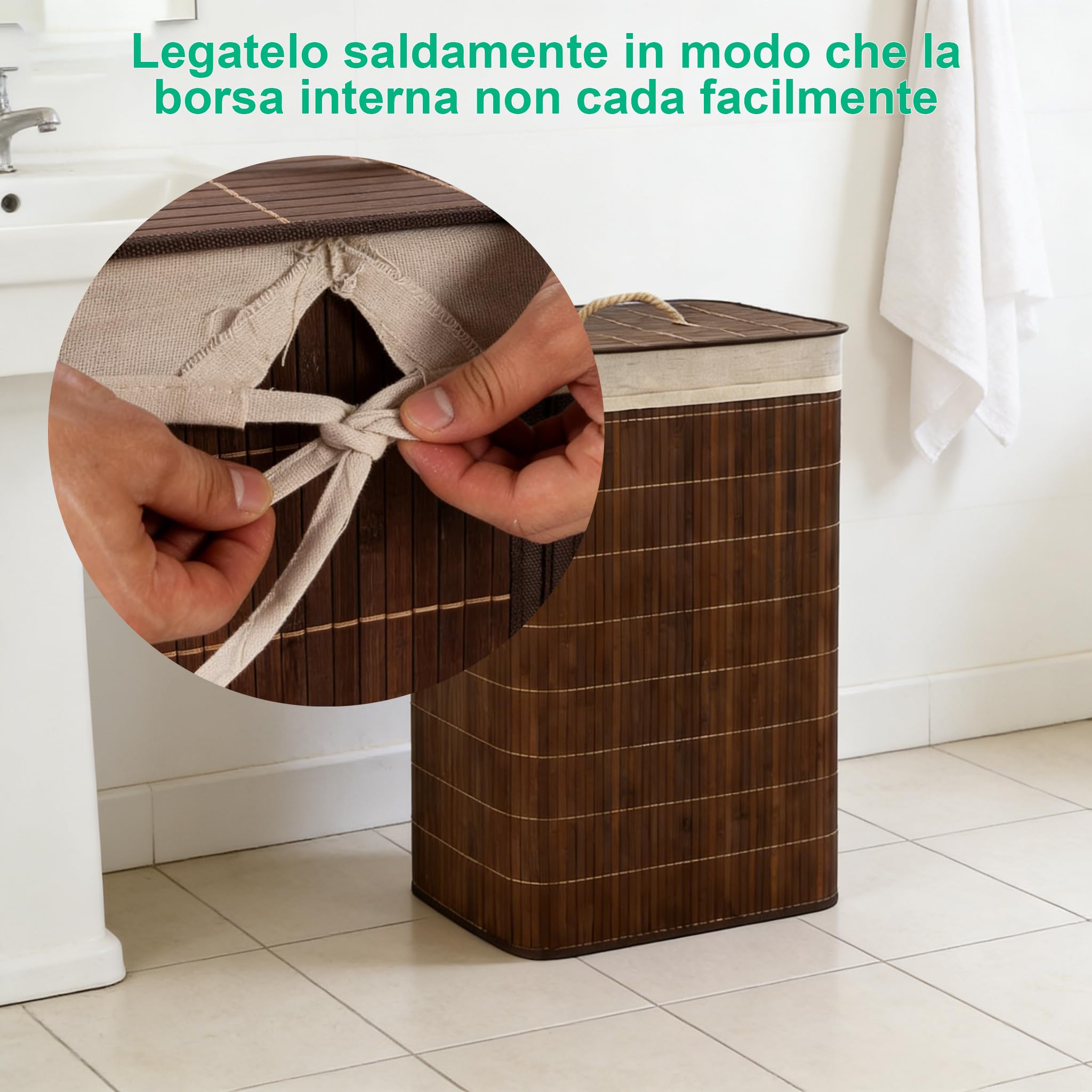 Cesto portabiancheria in bambù con coperchio, pieghevole, 58 l/72 l, in bambù naturale intrecciato, con borsa rimovibile, buon flusso d'aria (naturale, quadrato, 60 x 40 x 30 cm)