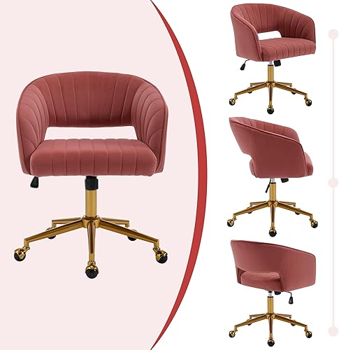Miniatura 9 de Westice Sillas de escritorio de oficina en casa, moderna silla de escritorio de terciopelo, silla giratoria de altura ajustable con base dorada,