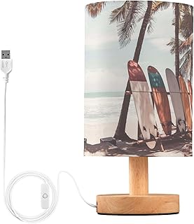 Table Lamp Surfboard Palm Tree on Tropical Beach Retro Summer Ocean Nightstand Lamp with Wood Base Fabric Lamp Shade Bedside Desk Lamp for Living Room Bedroom Kids Room Office