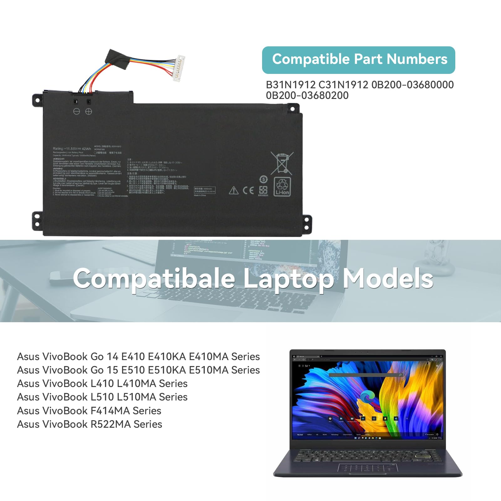 K KYUER B31N1912 C31N1912 Batterie pour ASUS VivoBook E410 E510 L410 L510 Go 14 15 E410M E410MA E410K E410KA E510K E510KA E510M E510MA L410M L410MA R429M R429MA L510MA L510KA L410KA Notebook Battery