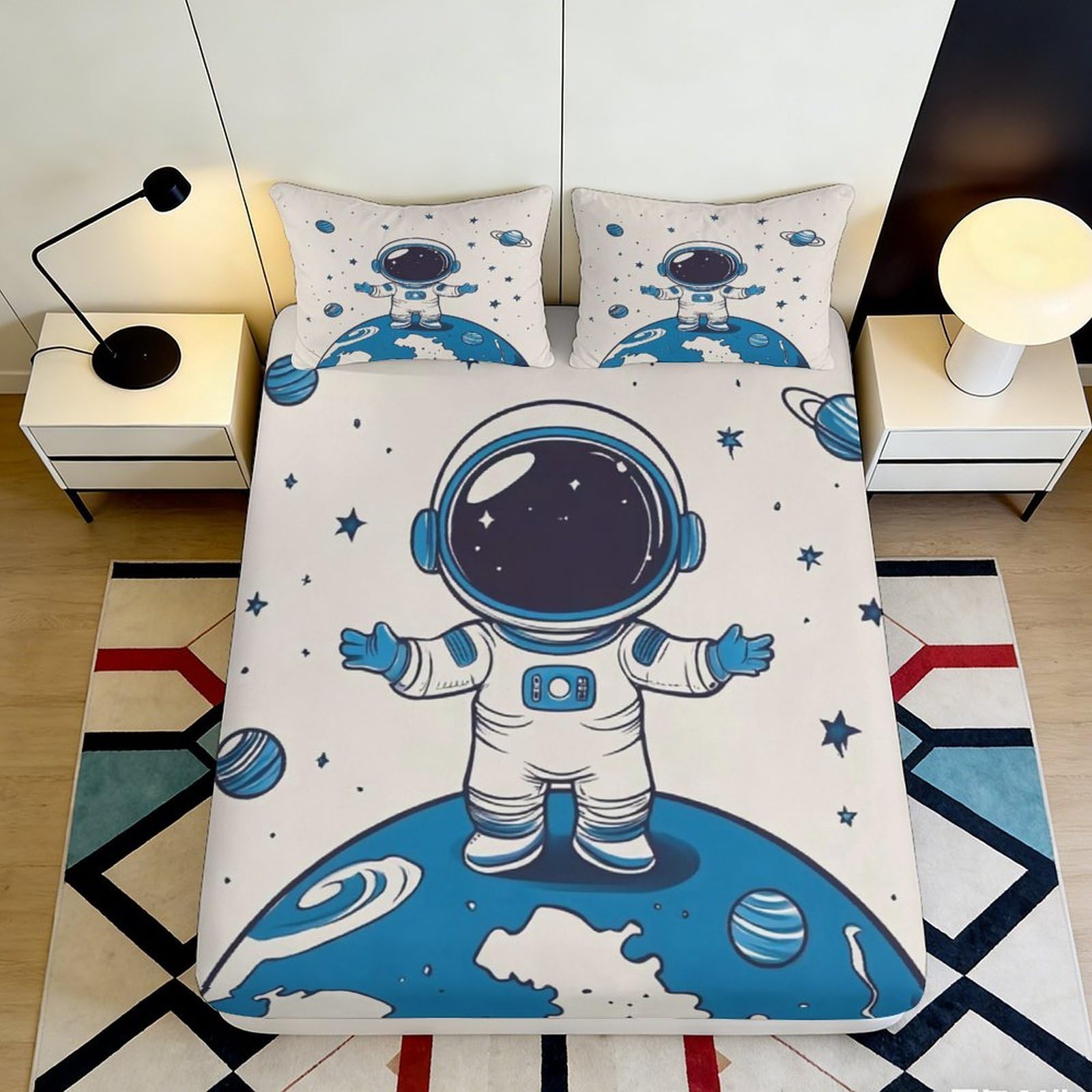 Pnayamiorkfel Style-9 3D Printed Astronaut Space Planet Fitted Sheet Microfiber Blue Cartoon Mattress Cover For Bedroom Dorm Home Decor 90X200x25cm