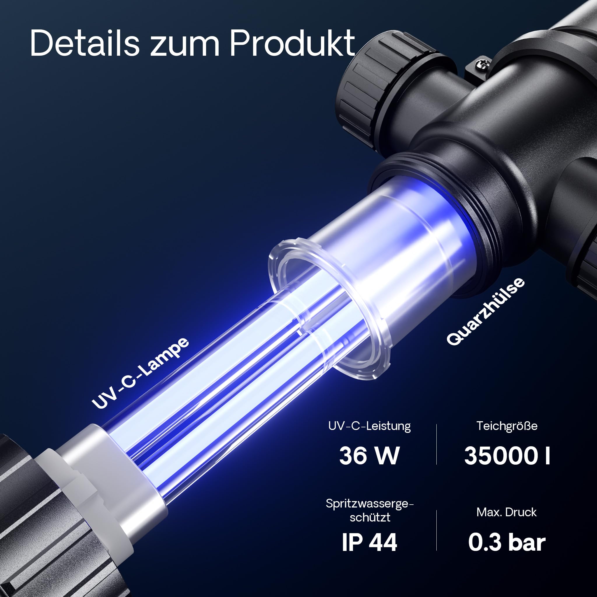 SunSun CUV-136 Teichklärer 4500 l/h / 36 W UVC Vorklärgerät für Teichfilter & Teichpumpe Wasserklärer mit UV-Lampe Lichtfilter zur Algenbekämpfung