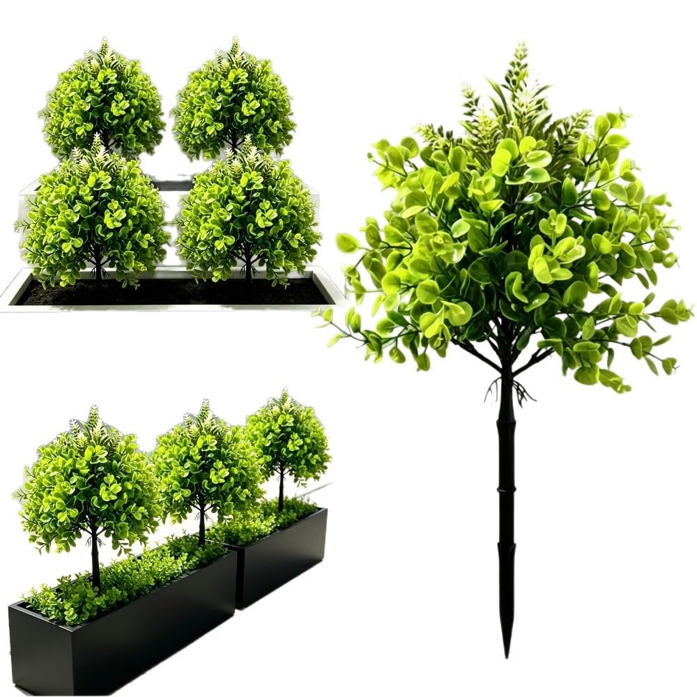 CALMUDHON UV Resistant Artificial Boxwood Topiary Ground Stakes Fake Green Round Shrub Outdoor Garden Patio Decor 19.29in