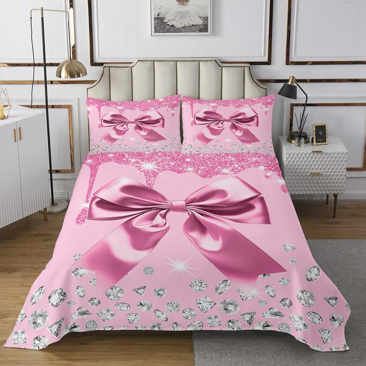 Watercolor Bow Bedspread Twin Size Kids Cute Bowknot Coverlet Set for Girls Teens Coquette Bows Quilted Coverlet Breathable Soft Lightweight Microfiber Dreamy Princess Style Room Decor Pink Silver