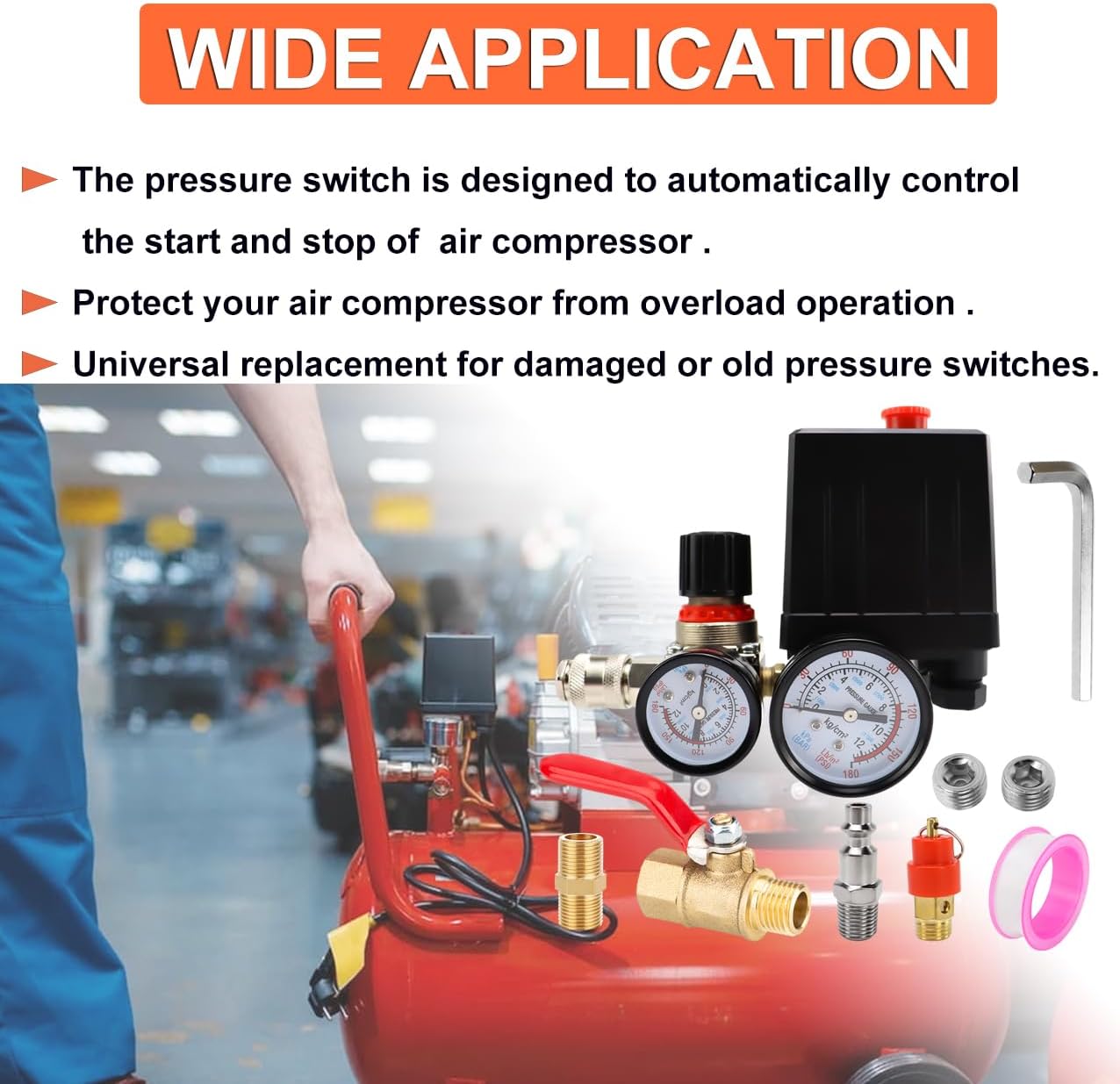 Air Compressor Pressure Switch, 90-120 psi Pressure Switch for Air Compressor,Heavy Duty 4-Way Pressure Switch with 0-180 PSI Air Compressor Regulator & ON/OFF Switch