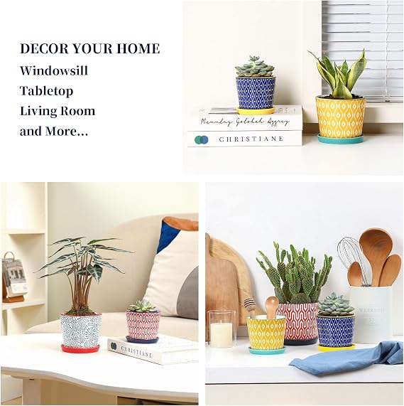 Selamica Ceramic Succulent Pots, 4.3 Inch Small Plant Pots with Drainage Holes and Saucers, Small Flower Pots for Succulent, Cactus, Home Decor, Set of 4, Assorted Colors