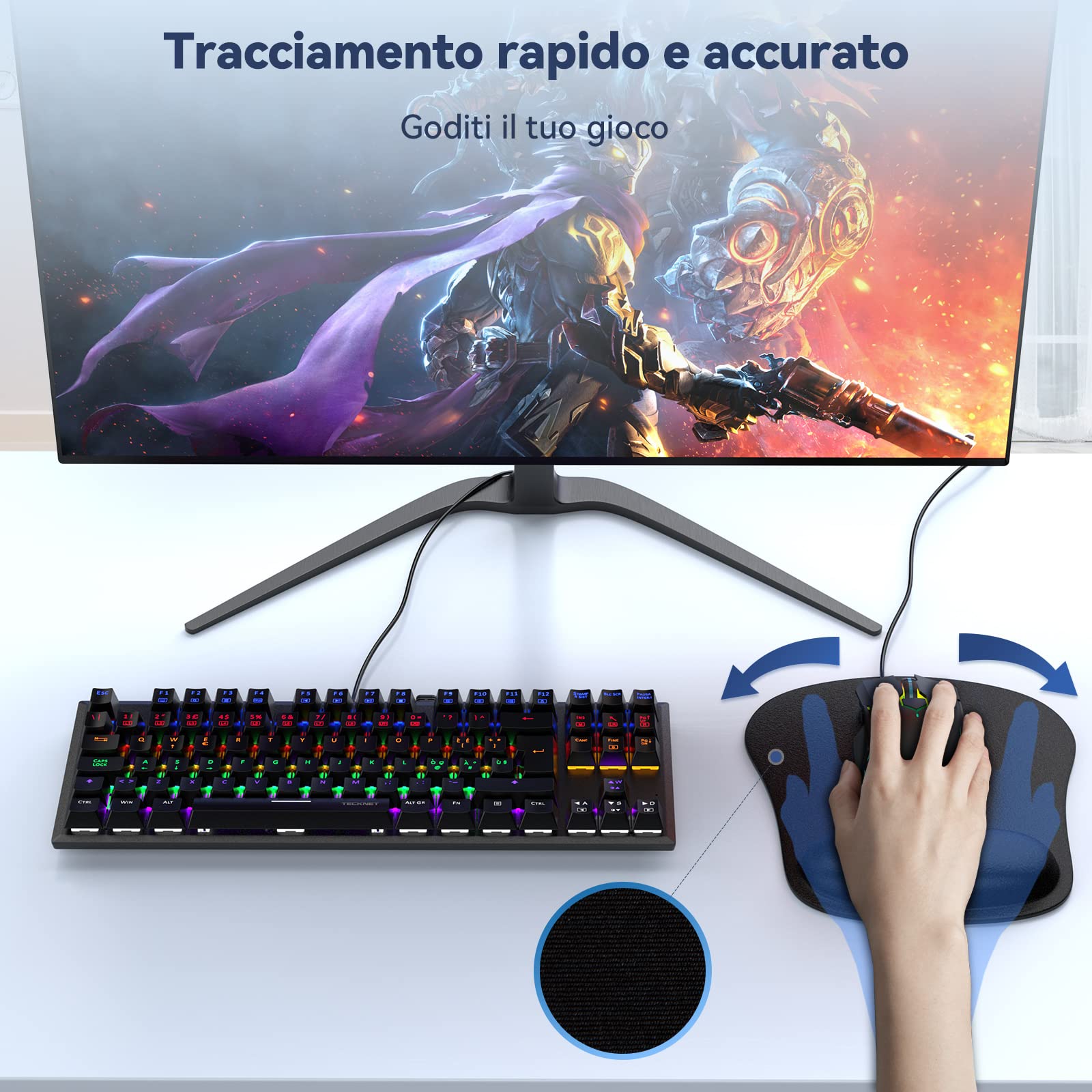 TECKNET Gaming Mouse Pad con Poggiapolsi, Memory Foam, Impermeabile, Base Antiscivolo