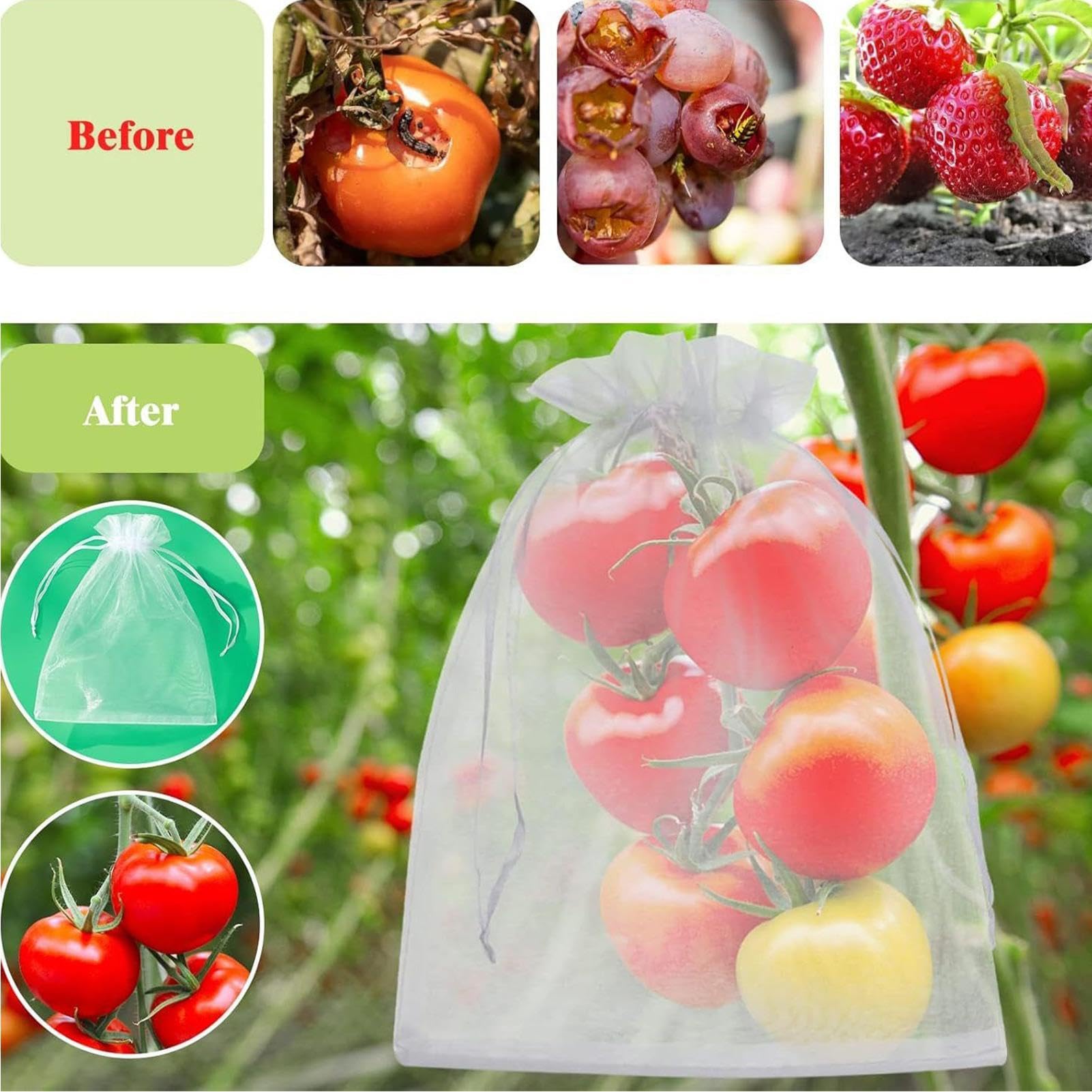 Bolsas de protección de frutas – 100 fundas de red de jardín reutilizables transpirables para árboles frutales con cordón para uvas, tomates, fresas, arándanos, mango, protección de huertos