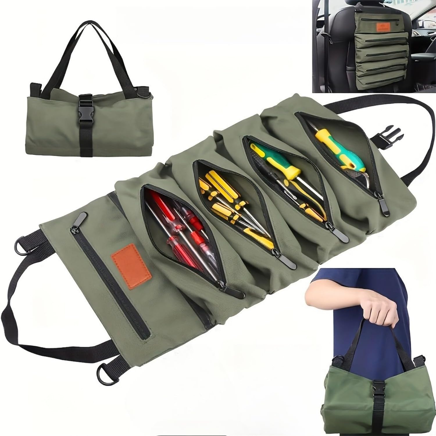 Fathers Day Dad Gifts Tool Roll Bag with 5 Zip Pockets Multi Purpose Tools Box Organiser Army Green Roll Up Small Tools Box Storage for Plumber Carpenter Daddy Storage Gifts from Daughter and Son