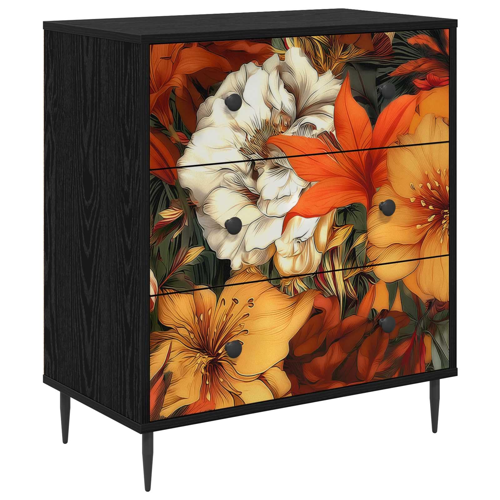 vidaXL Cassettiera GENNEP stampa a gigli 66 x 36,5 x 76 cm Rovere Nero