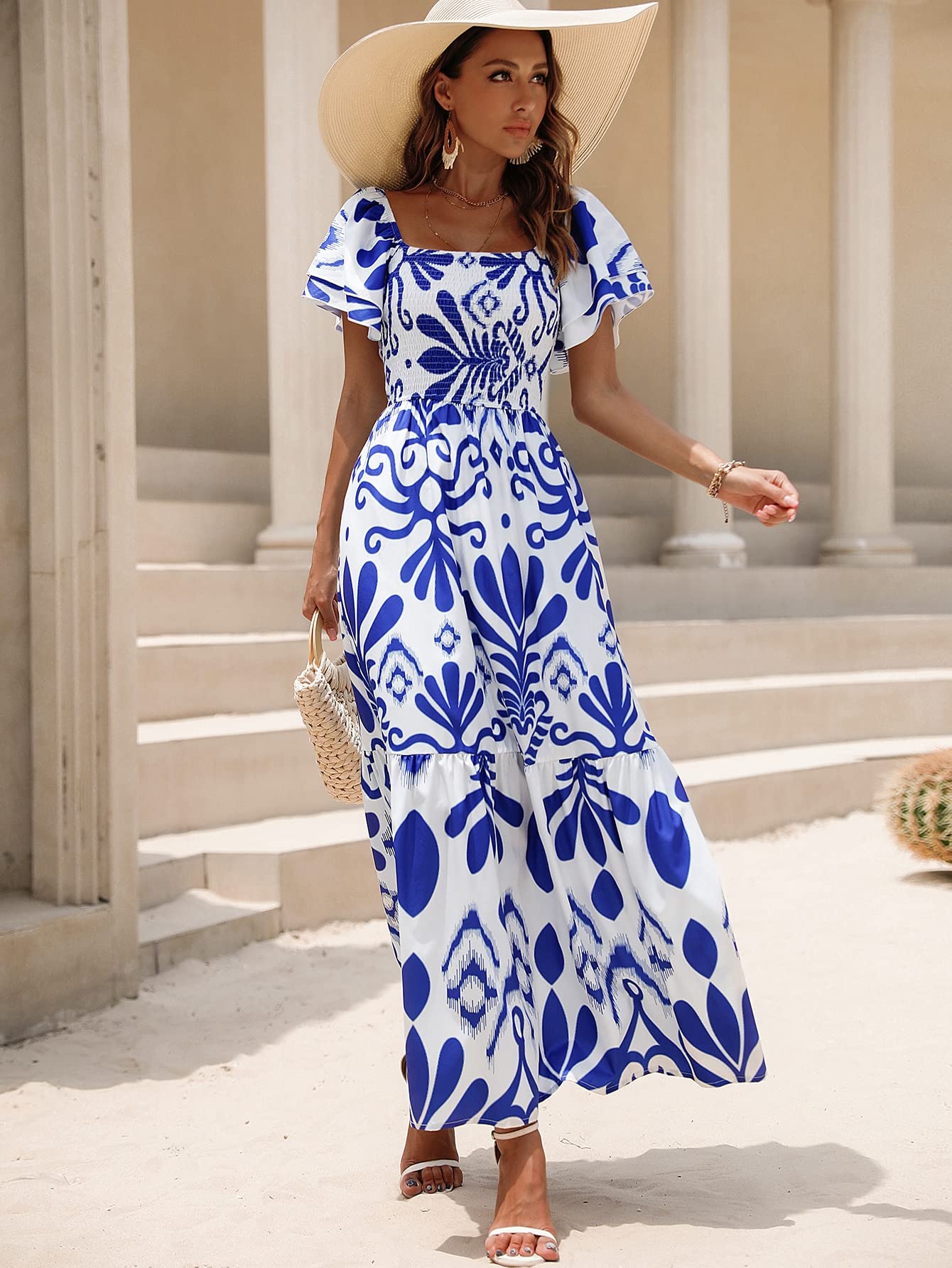 Shasmi Mädchen & Damen Weiß und Blau Blumendruck Layered Kurzarm Quadratischer Ausschnitt Rüschen Hohe Taille A Linie Sommer Langes Maxikleid mit Allover-Print Outfit (Kleid 228)