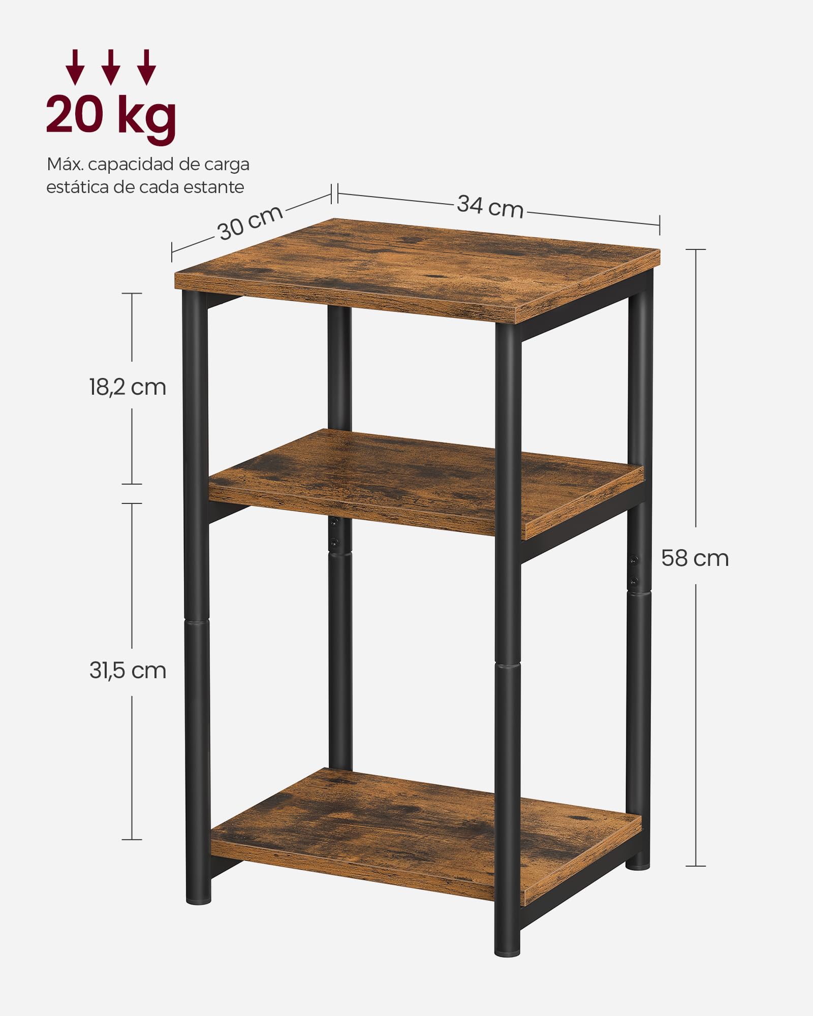 VASAGLE Mesa de Sofá, Mesa Auxiliar de 3 Niveles, Mesita de Noche con Marco de Acero, para Salón, Dormitorio, Estudio, Marrón Rústico y Negro Tinta LET273B01