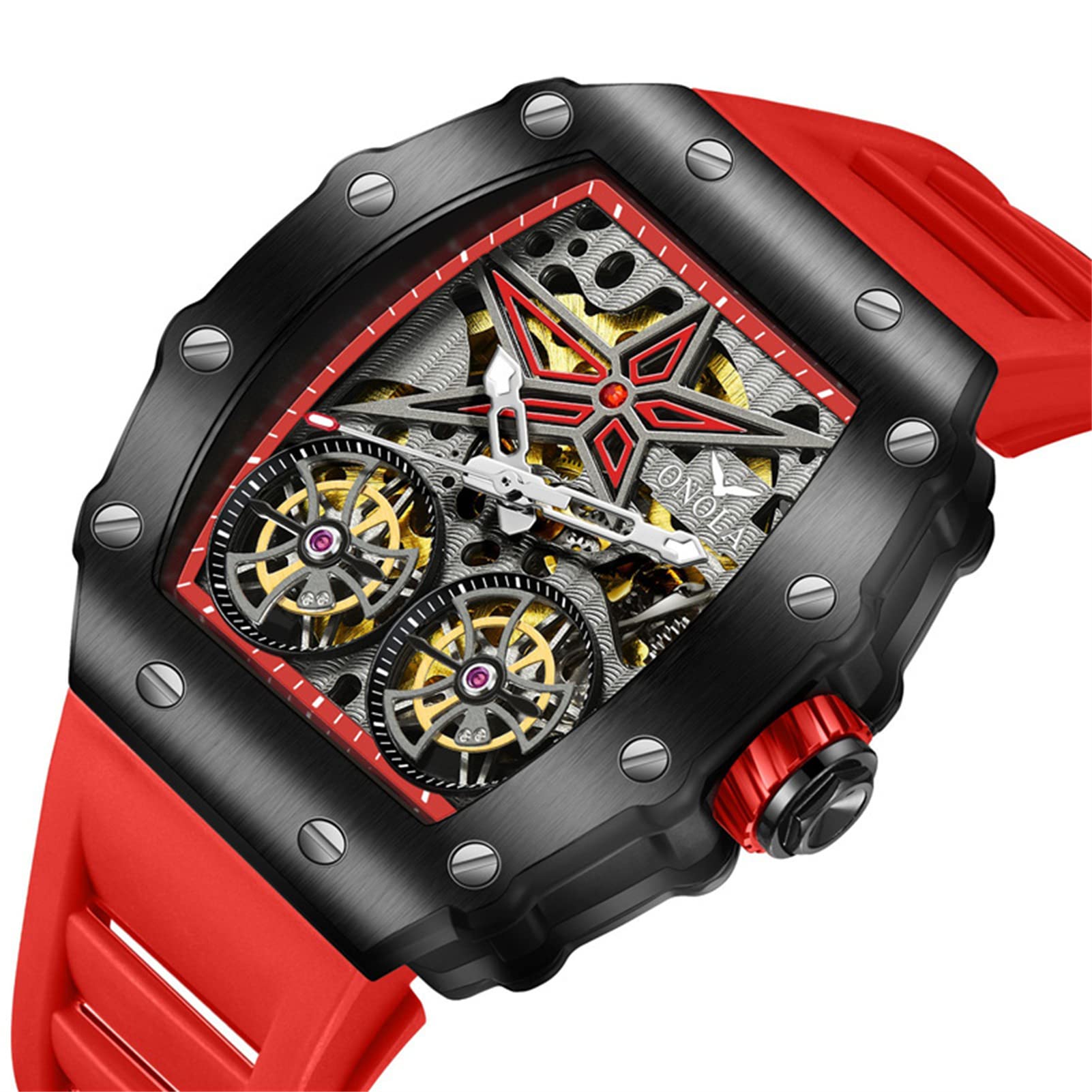 FORSINING Tonneau-Form, mechanisch, automatisch, großes Zifferblatt, modisch, Business-Uhr, Silikonarmband