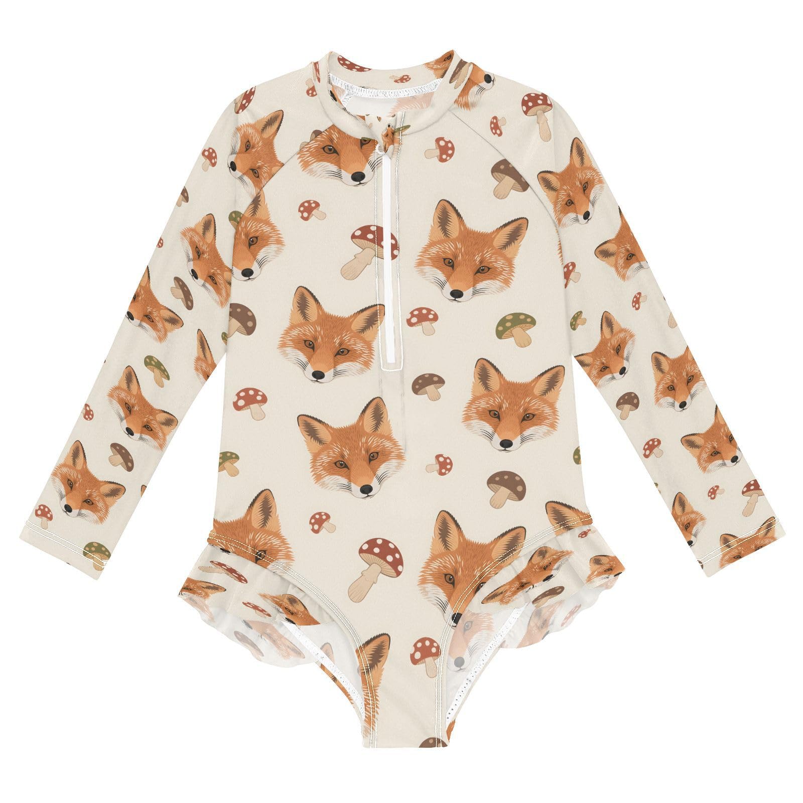 Fox Face Mushroom S Girls Long Sleeve Swimsuits One Piece Zipper Bathing Suit UPF 50+ Rashguard Swimwear Multicoloured