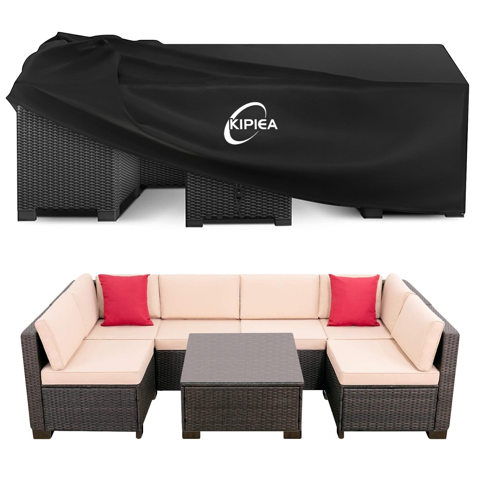 Kipiea Housses Salon de Jardin Exterieur Imperméable, Carré Housses Table de Jardin Coupe-Vent, 420D Tissu Oxford Bache De Protection Salon de Patio Exterieur, Anti-UV- 250x250x71cm