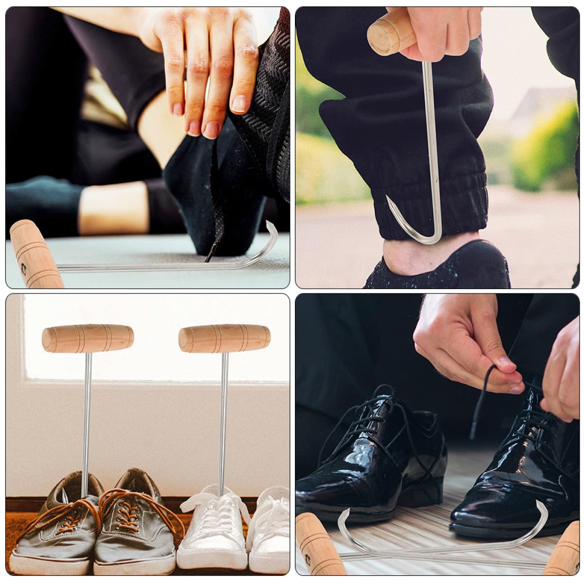 SHINEOFI Set 3 Pezzi Alzacoperte in Acciaio Inossidabile Manico in Legno, Superficie Liscia, Accessorio Aiuto Scarpe per Proteggere Scarpe e Piedi