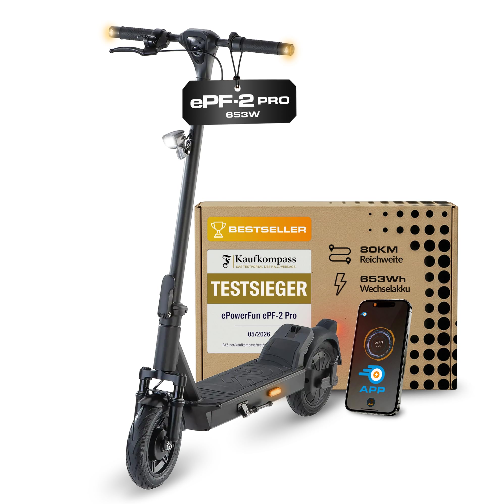 ePowerFun ePF-2 PRO 653W | E-Scooter Straßenzulassung | 80km Reichweite | 45 km Reichweite, 1200 W Peak, 500 W Heckantrieb, 9 Zoll Luftreifen, Blinker vorn + hinten, App-Wegfahrsperre, IP65