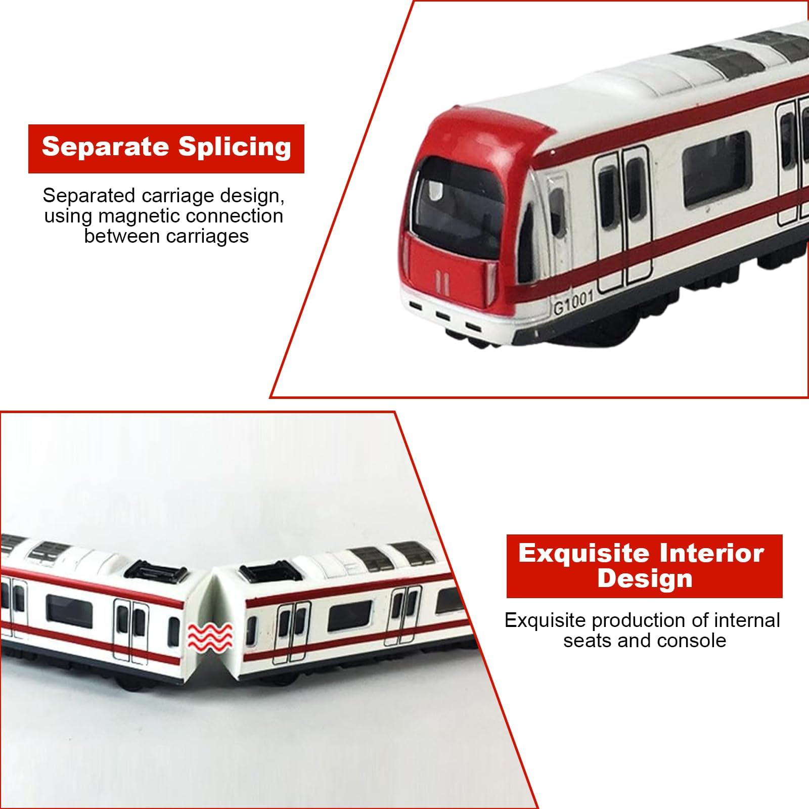 Train Jouet Aimanté en Alliage pour Enfants de 3+Ans, Modèle Réduit 1/64 avec 4 Wagons, Jouet Train Enfant 3 Ans, Trains à Grande Vitesse Rouge et Blanc, Cadeau d‘Anniversaire