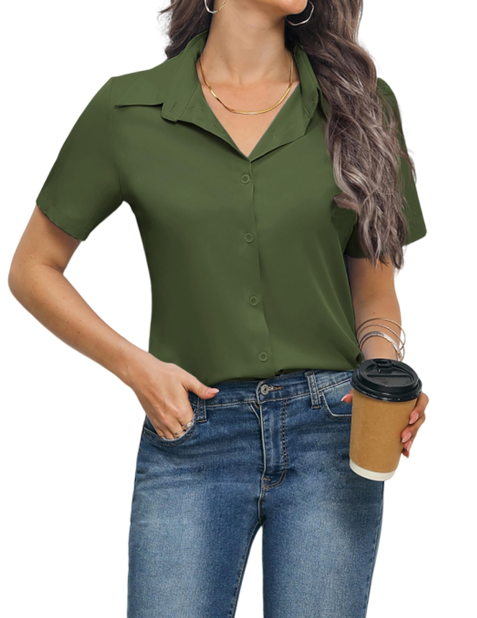 Zeagoo Bluse Damen Kurzarm Hemdbluse Business Hemd V-Ausschnitt Blusen Elegant Oberteile Mit Knöpfen Satin Hemden Lässige Shirt S-XXL