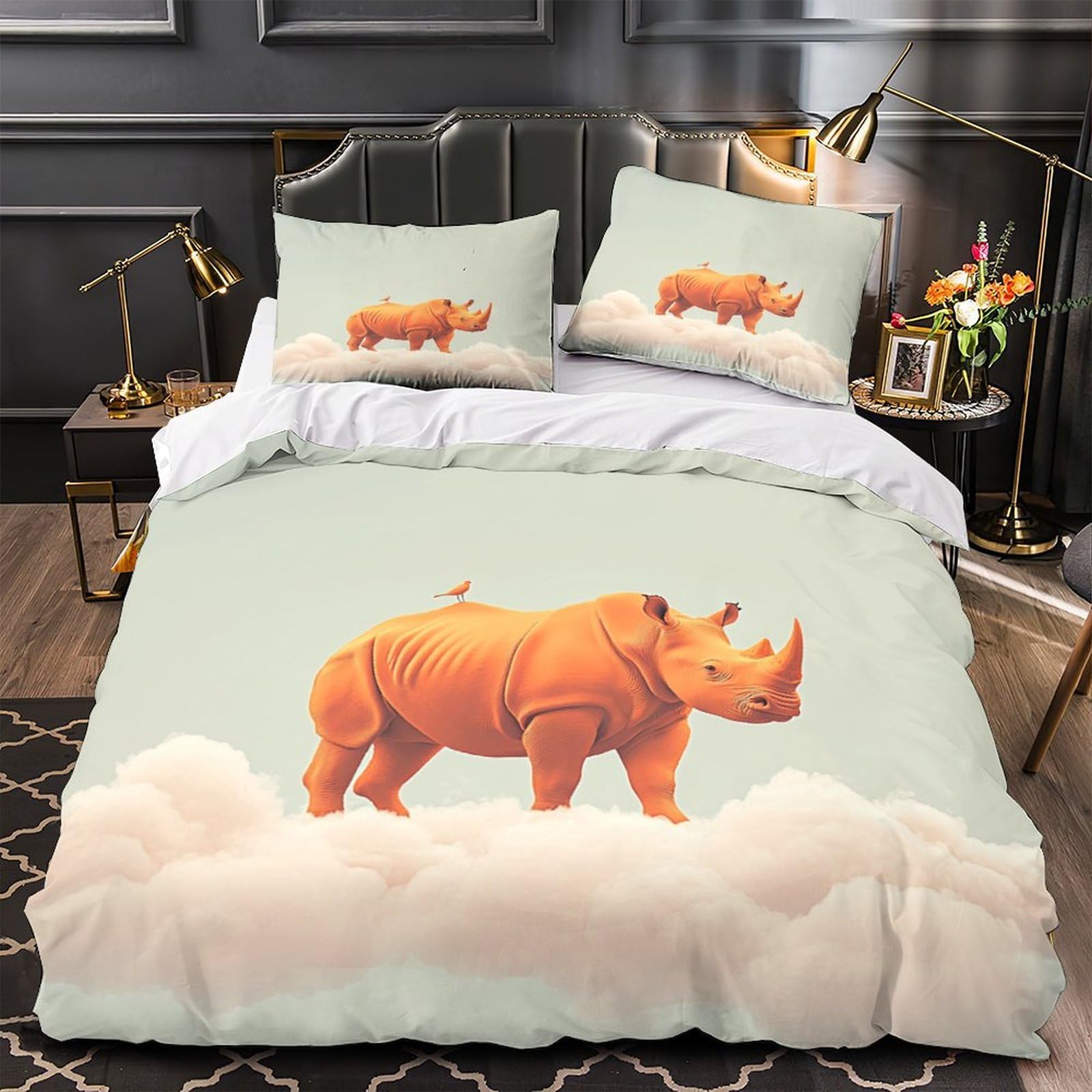 Housse de couette rhinocéros orange 3D microfibre pour en finir avec le lit froissé