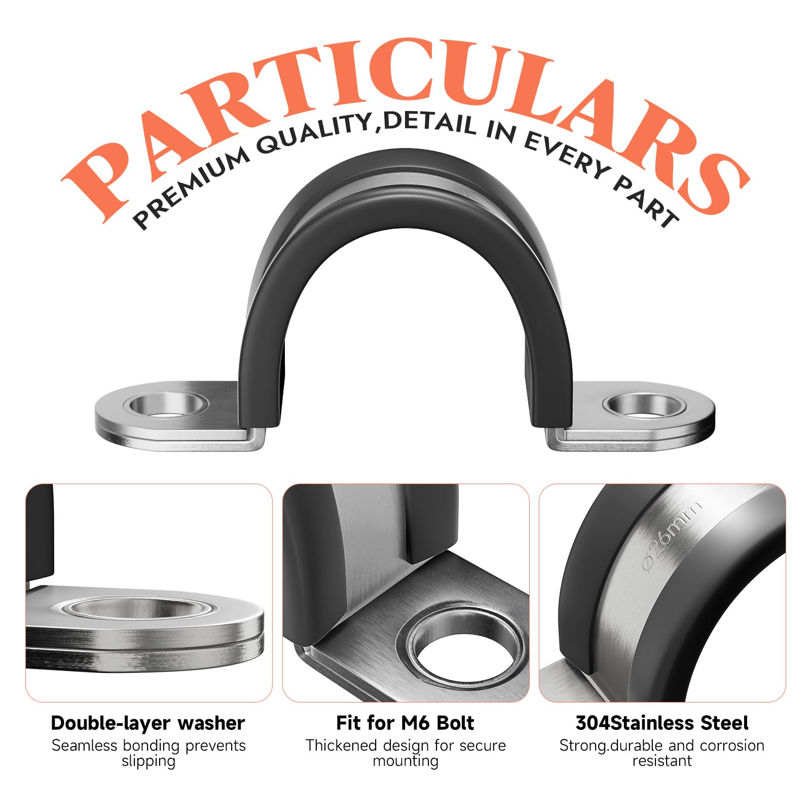 10 szt. 75 mm 2-otworowy zacisk paska U-Tube, stal nierdzewna 304 z klipsem z gumową podszewką EPDM, dwuwarstwowe uszczelki, gumowe, amortyzowane, izolowane zaciski do instalacji rur, rur lub