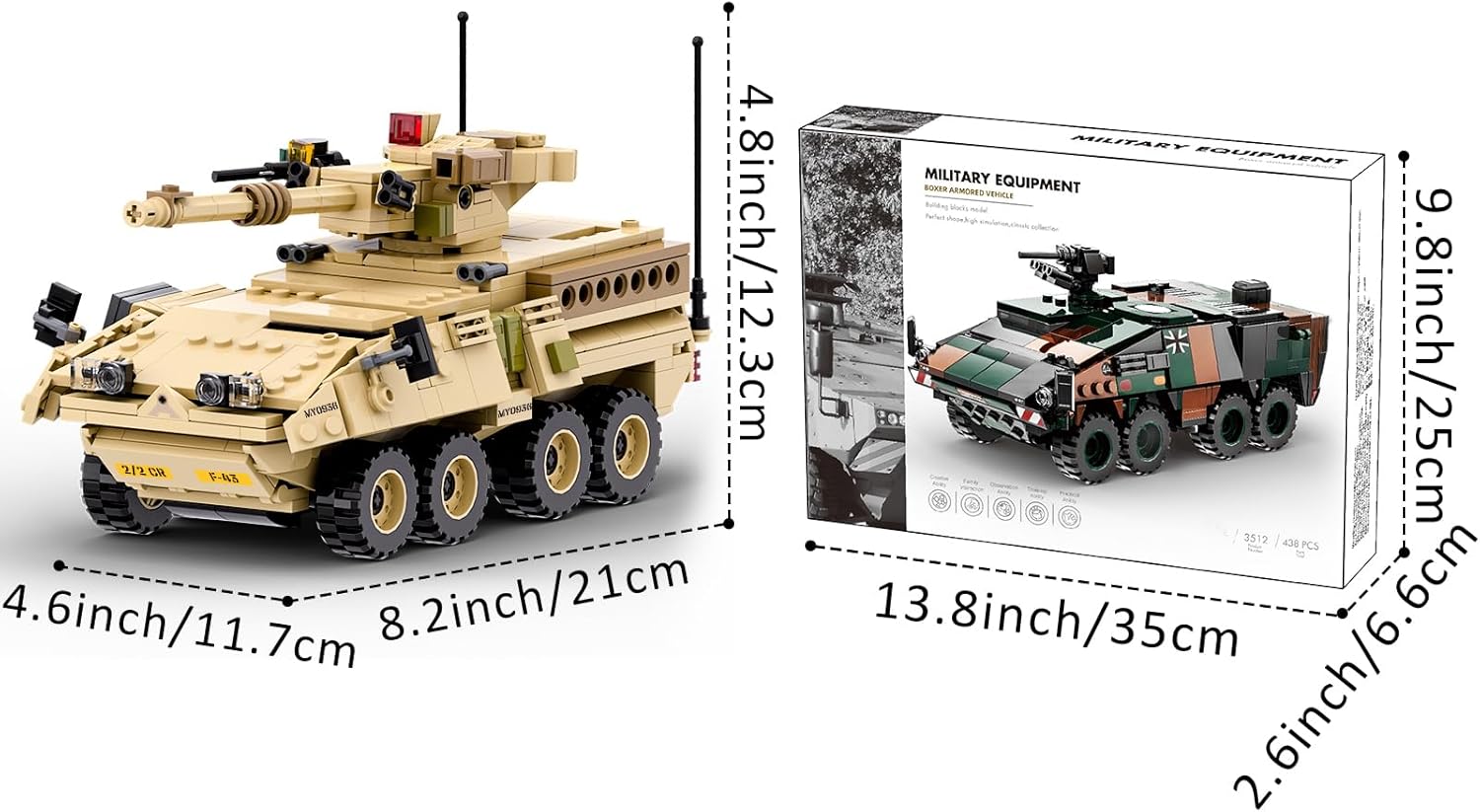 Diagram showing dimensions of the MEIEST M1128 Mobile Gun System model and its packaging