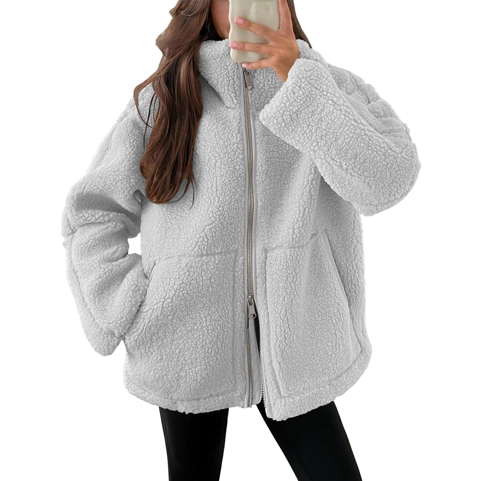 Generisch Winterjacke Damen Warm Fleecejacke Flauschig Teddyjacke Einfarbig