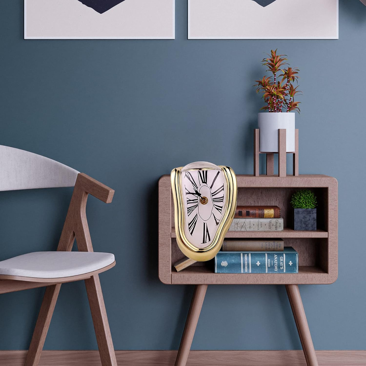 Melting Clock Dali Melted Clock Gift Decor Art Inspired Wall Clock Twisted Shelf Hanging Surrealist for Decorative Shop Office Home Desk Roman Gold…