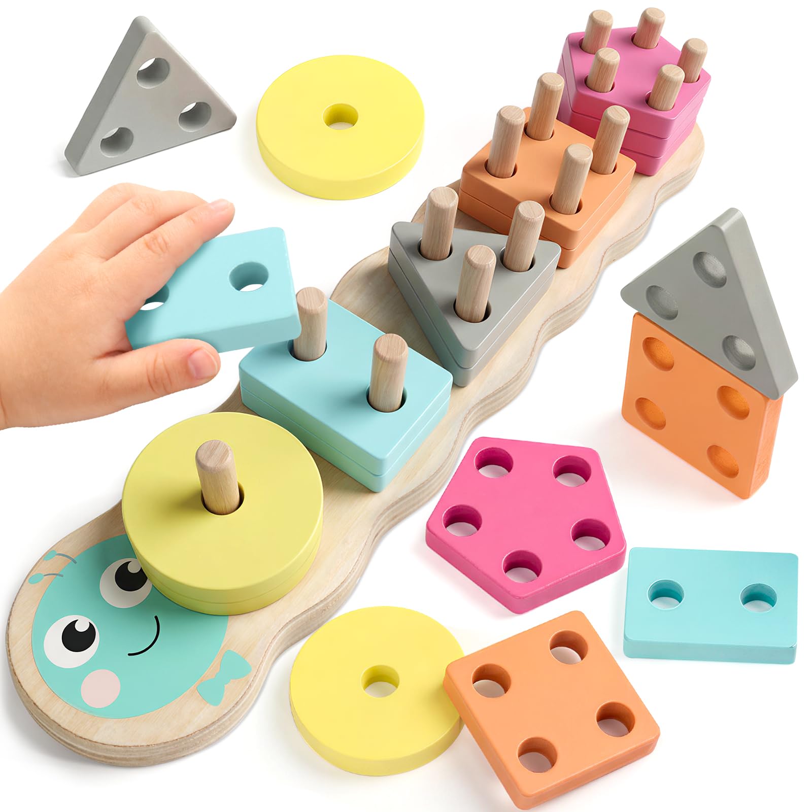 Rtomry Montessori Spielzeug ab 1 Jahr - Holzspielzeug ab 1 Jahr Steckspiel & Motorikspielzeug für Baby & Kinder - Pädagogisches Lernspielzeug & Geschenk 1. Geburtstag Junge Mädchen(Caterpillar Design) - 2