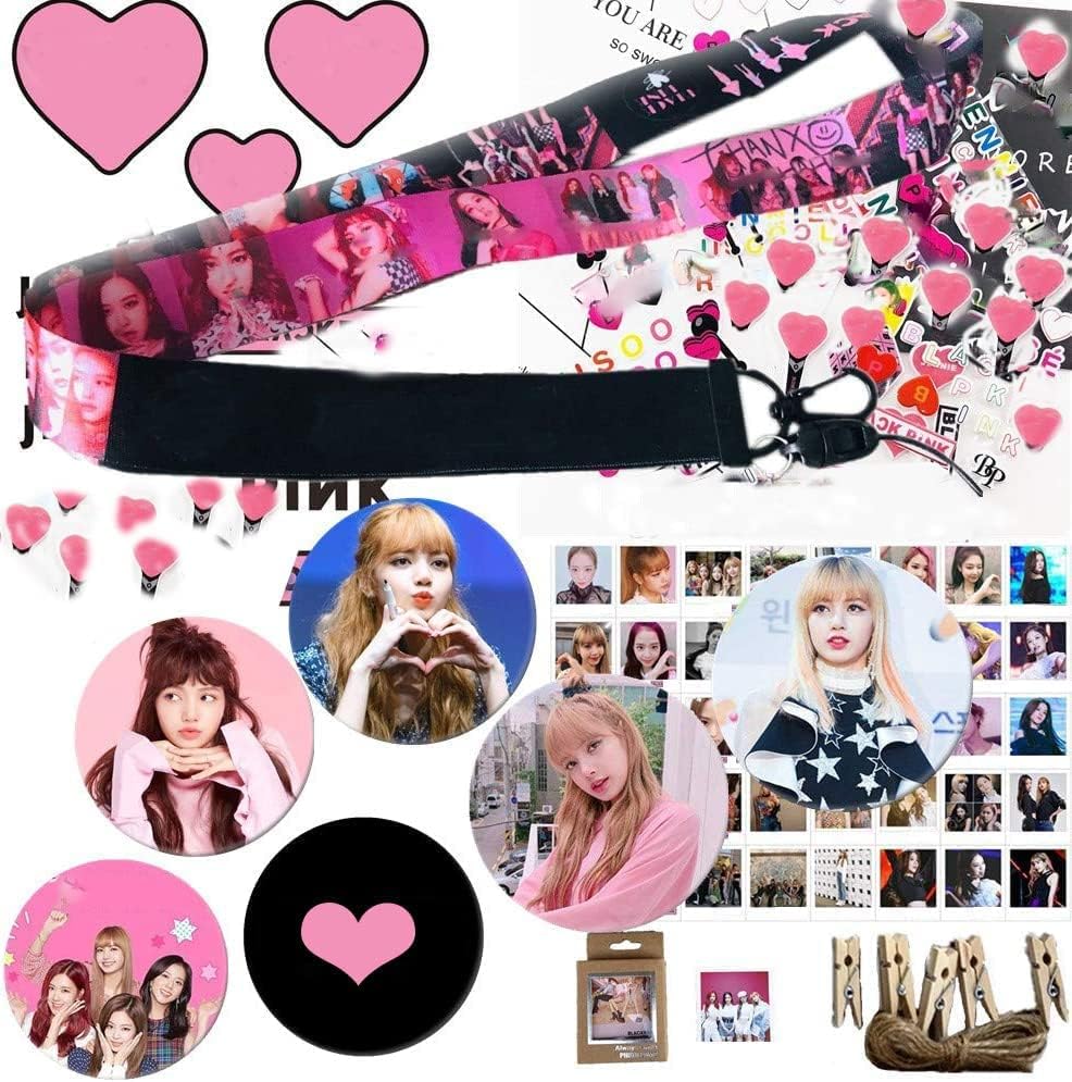 Kpop Blackpink Gifts Set for Blink - 40 Pack Blackpink Lomo Card with 5 Pcs Wood Shelf |1 Pack Blackpink Neck Lanyard |6 Pack Button Pins | 1PCS Phone Holder | 2PCS Tattoo Stickers | 1PCS 3D Sticker