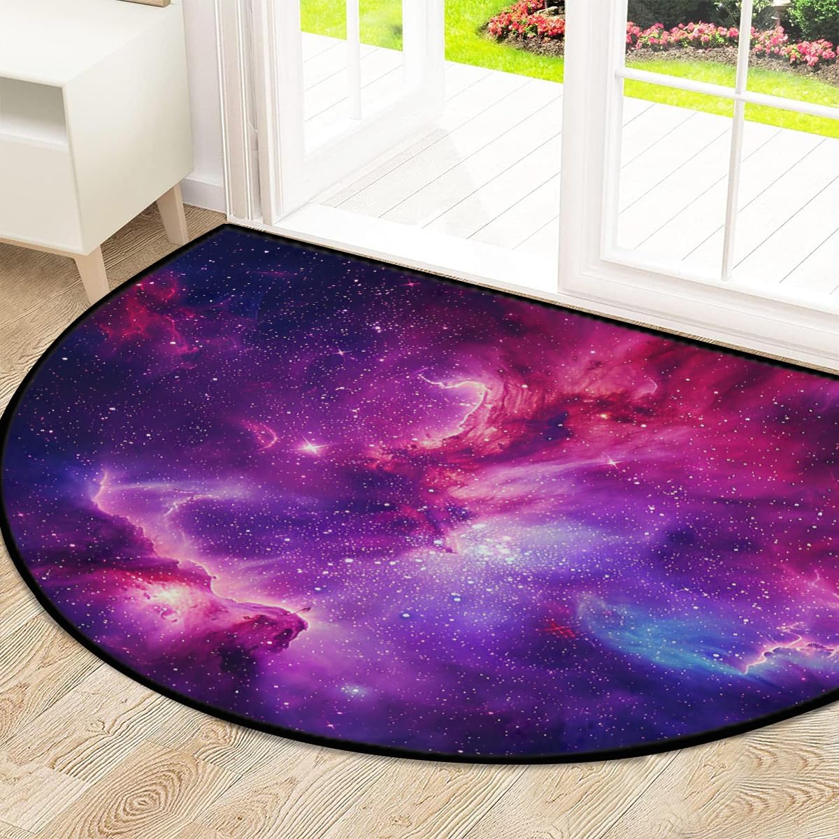 Mexpekil Paillasson demi-lune en forme de demi-lune pour intérieur et extérieur - Lavable - Absorbant la saleté - 100 x 160 cm - Motif galaxie rose et violet