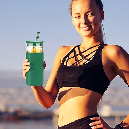 Miniatura 7 de Tronco Vaso de vidrio de 20 onzas con tapas y pajitas, vasos reutilizables para batidos con tapa de silicona, taza de café helado con funda