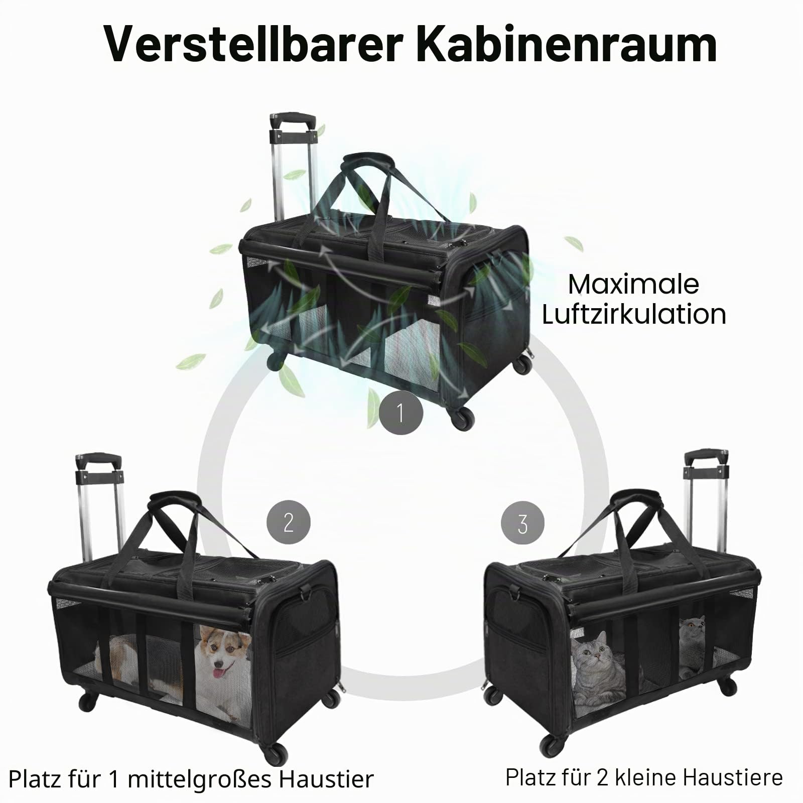 Transporttasche für Katze mit Rollen, faltbare Katzentransportbox für 2 Haustiere bis 15,9 kg, belüftet, für Reisen