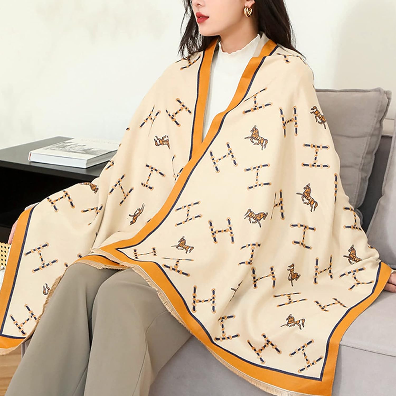 Winter Scarf Cashmere Shawl Women Retro Horse Letter Pattern Warm Pashmina Scarves With Tassel Soft Long Wrap Stole - Image 2