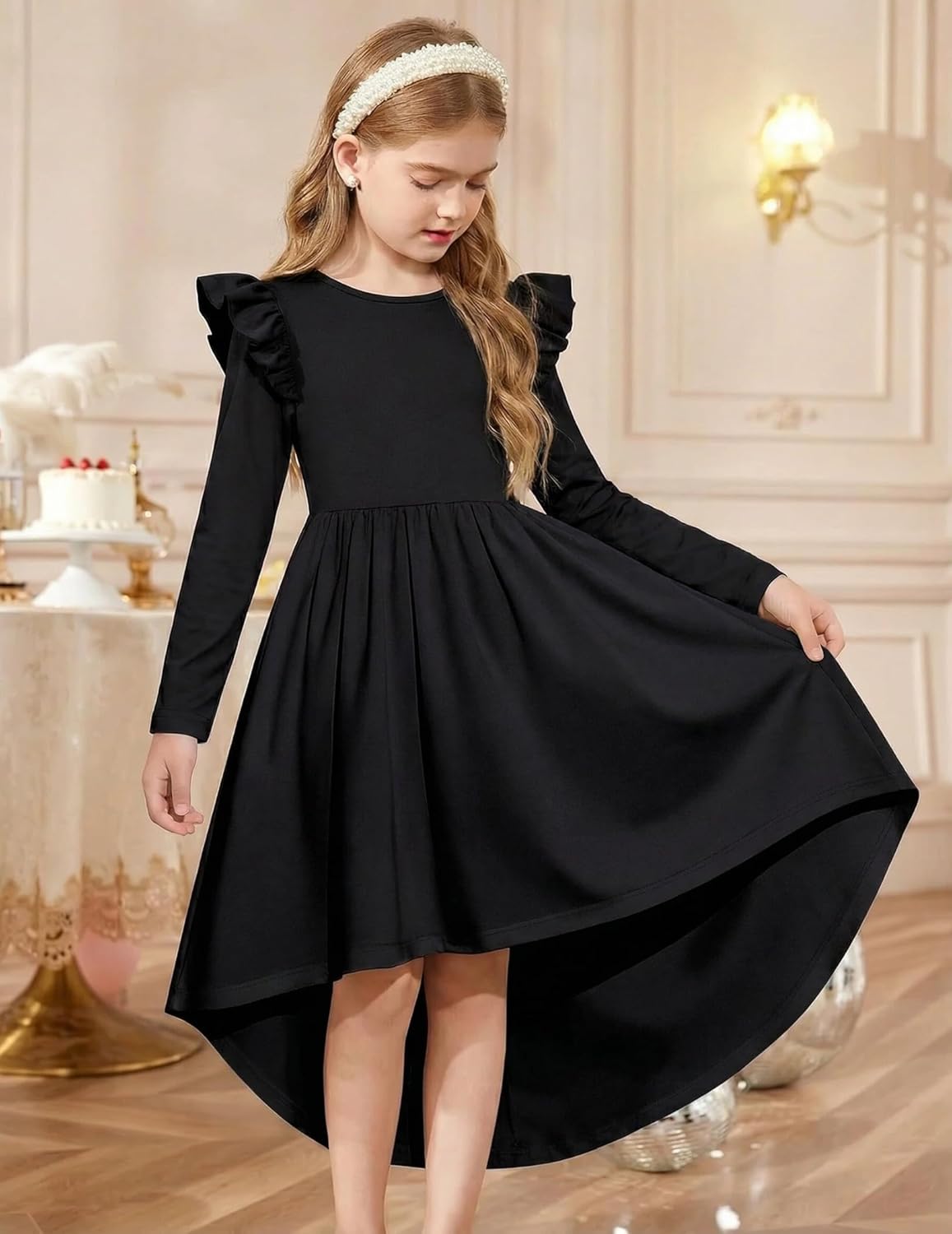 Arshiner Girls Dresses Ruffle Long Sleeve High Low Flowy Swing Casual Party Dresses with Pockets for 5-12 Y - Image 2