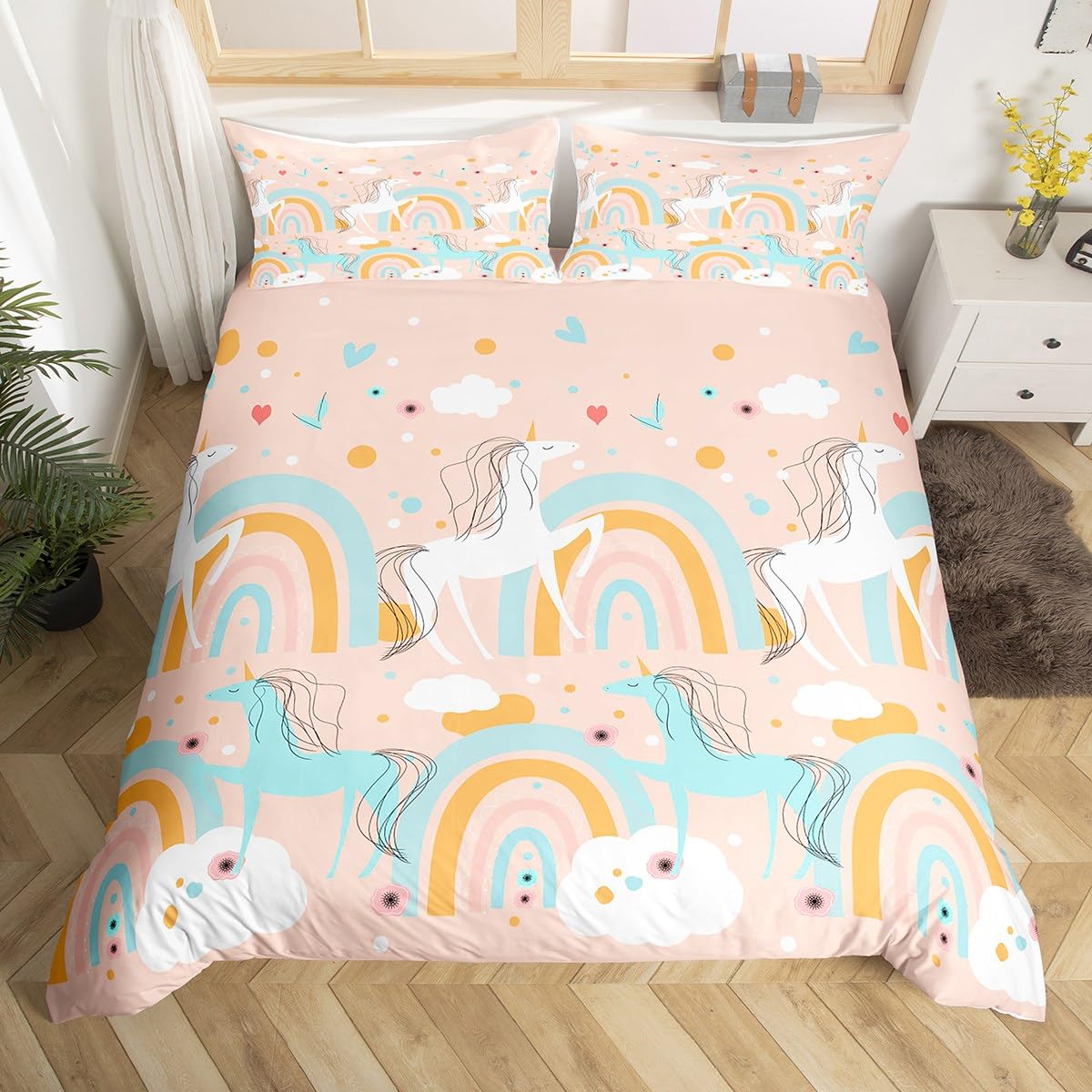 Loussiesd Girl Unicorn Junior/Cot Bed Kids Bow-in-the-Sky Horse Bedding Set Cloud Bedding Flower Bedding Set Decoration Animals Pink Bed Cover Set