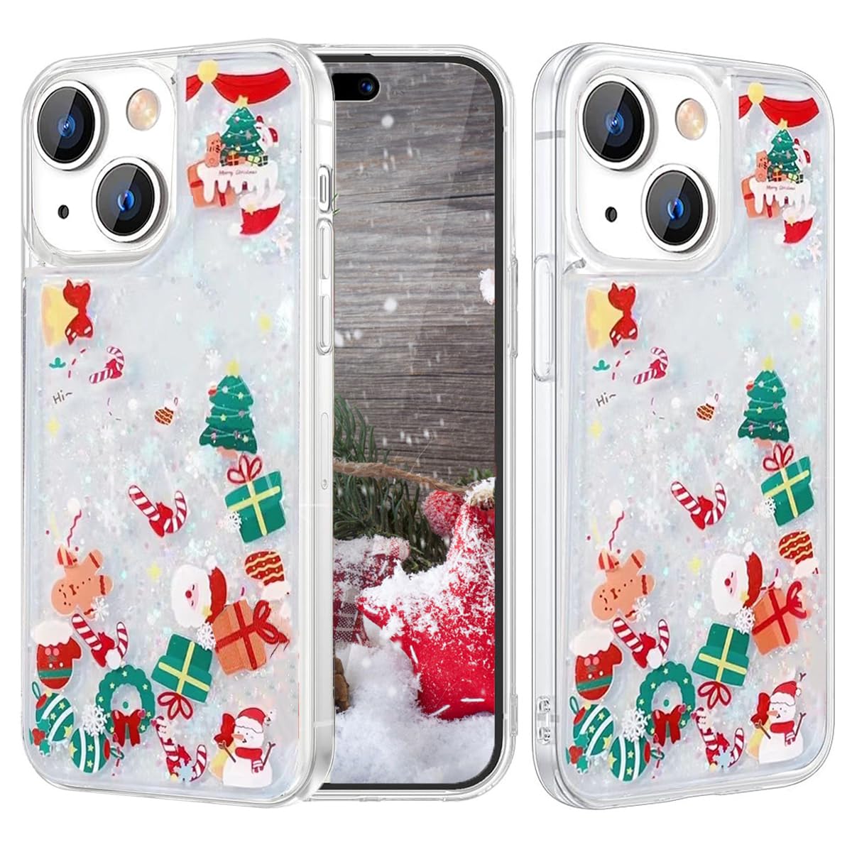 Changjia Glitter Christmas Case for iPhone 15 Plus,Cute Merry Christmas Liquid Flowing Moving Xmas Santa Tree Snowman Pattern Bling Sparkle Women