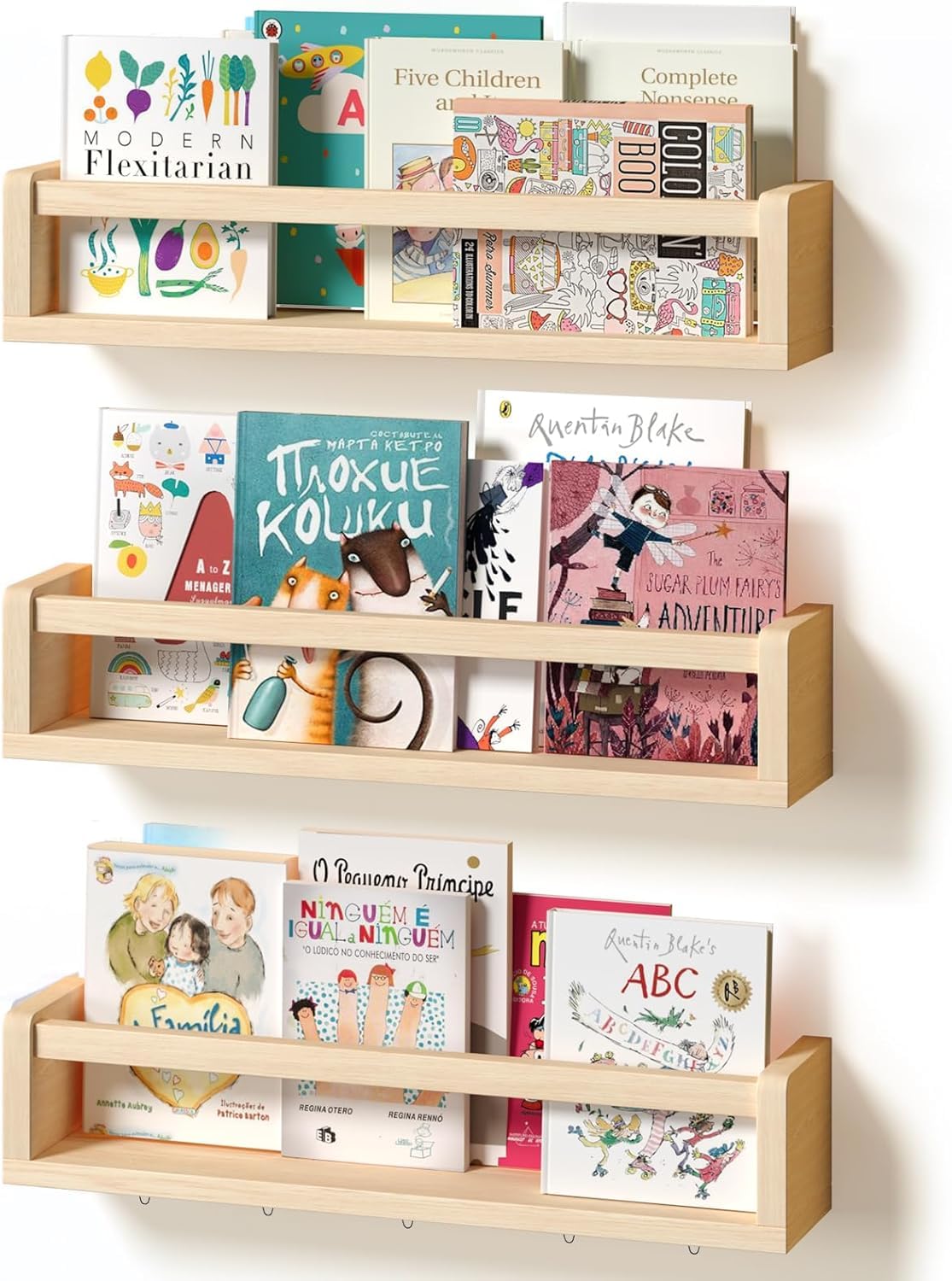 BBLIKE Étagère Murale Enfant Lot de 3-42cm Étagère Livre Enfant avec Affichage à Suspendre pour Photos, Bois Bibliothèque Enfant, Étagère Flottante Chambre Enfant pour d'enfant Salle de Jeux
