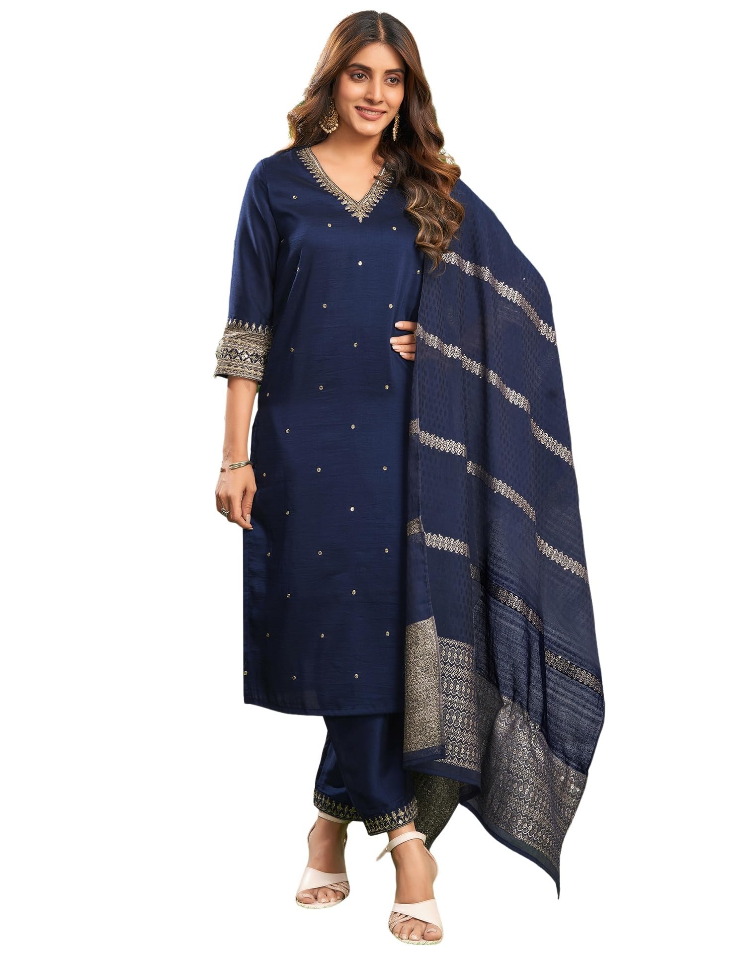 Women's Silk Dyed, Sequence and Embroidery Work and Embroidery Lace Straight Kurta with Pant & Dupatta-image-3