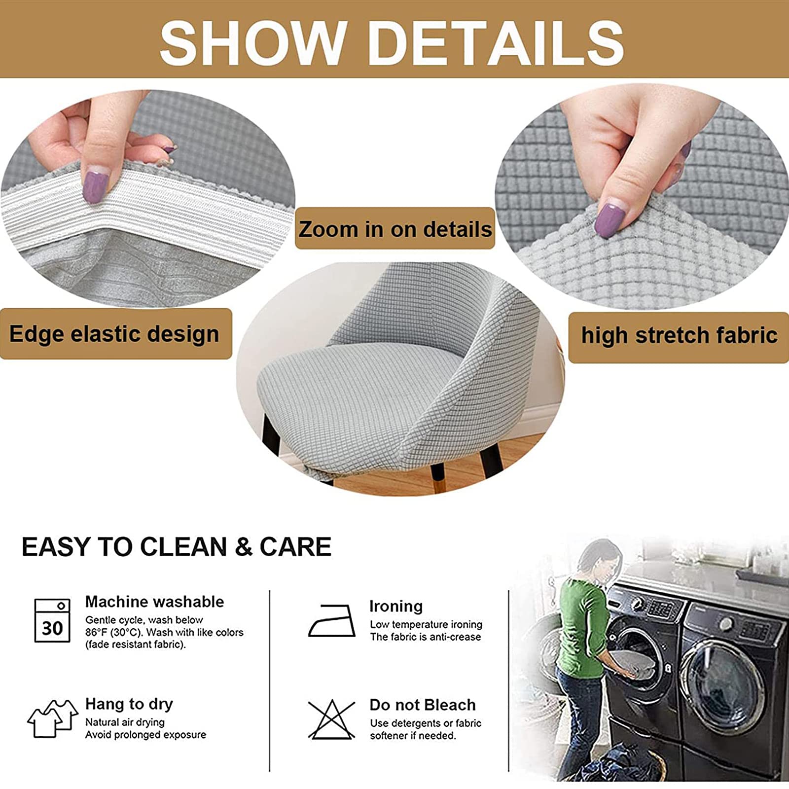 Curvo Fundas para Sillas de Oficina Ajustables con Brazos 4/2 Pack, Estilo Nórdico Funda Sillas Cocina Anti Gatos, Elásticas Funda Sillas de Taburete Isla de Cocina,Light Gray,4PCS